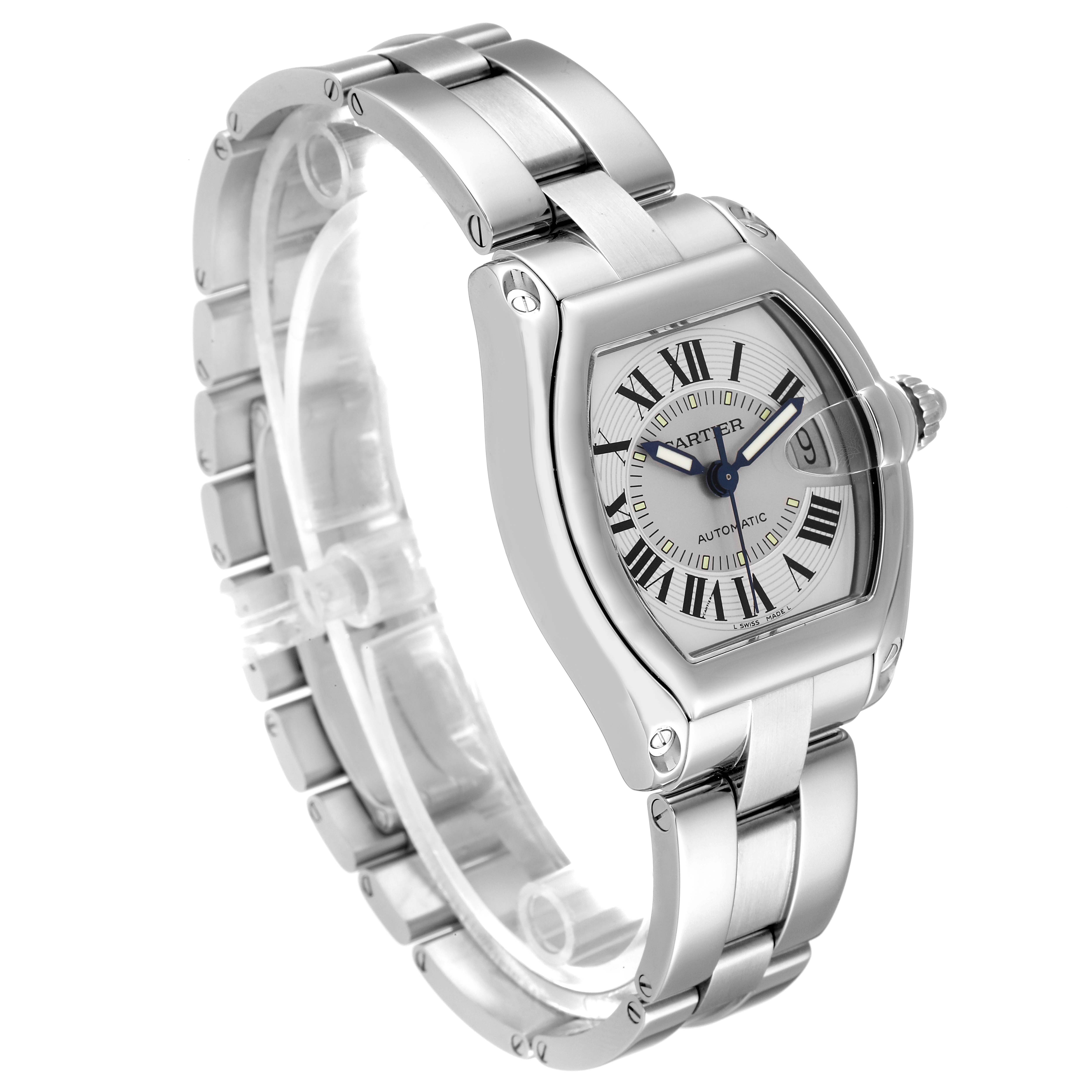 The image shows a Cartier Roadster W62000V3 Men's Stainless Steel Silver Dial W62000V3 Men's Stainless Steel Silver Dial watch from a front-left angle, highlighting its band and dial.