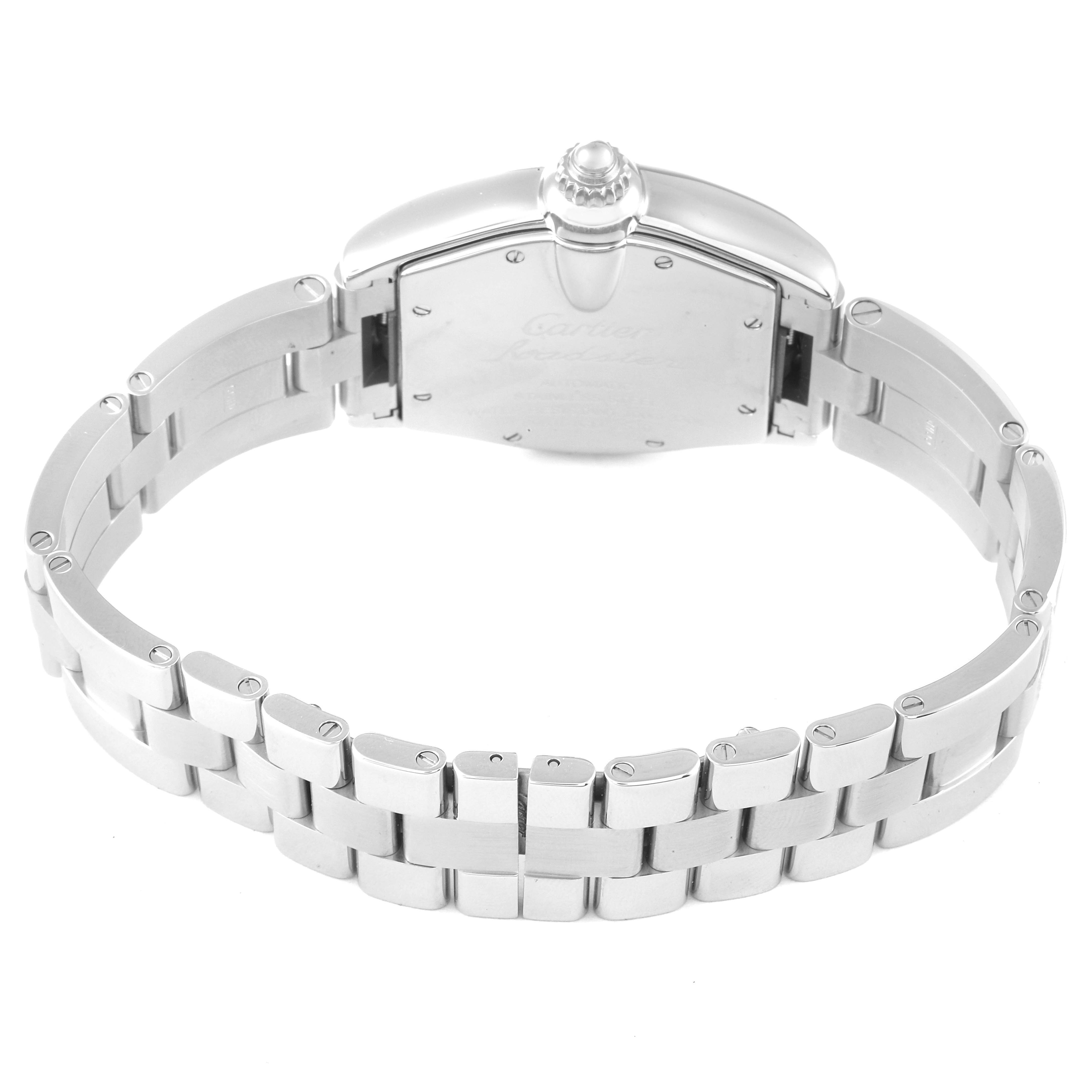 The image shows the back view of a Cartier Roadster W62000V3 Men's Stainless Steel Silver Dial W62000V3 Men's Stainless Steel Silver Dial watch, highlighting the case and metal bracelet.