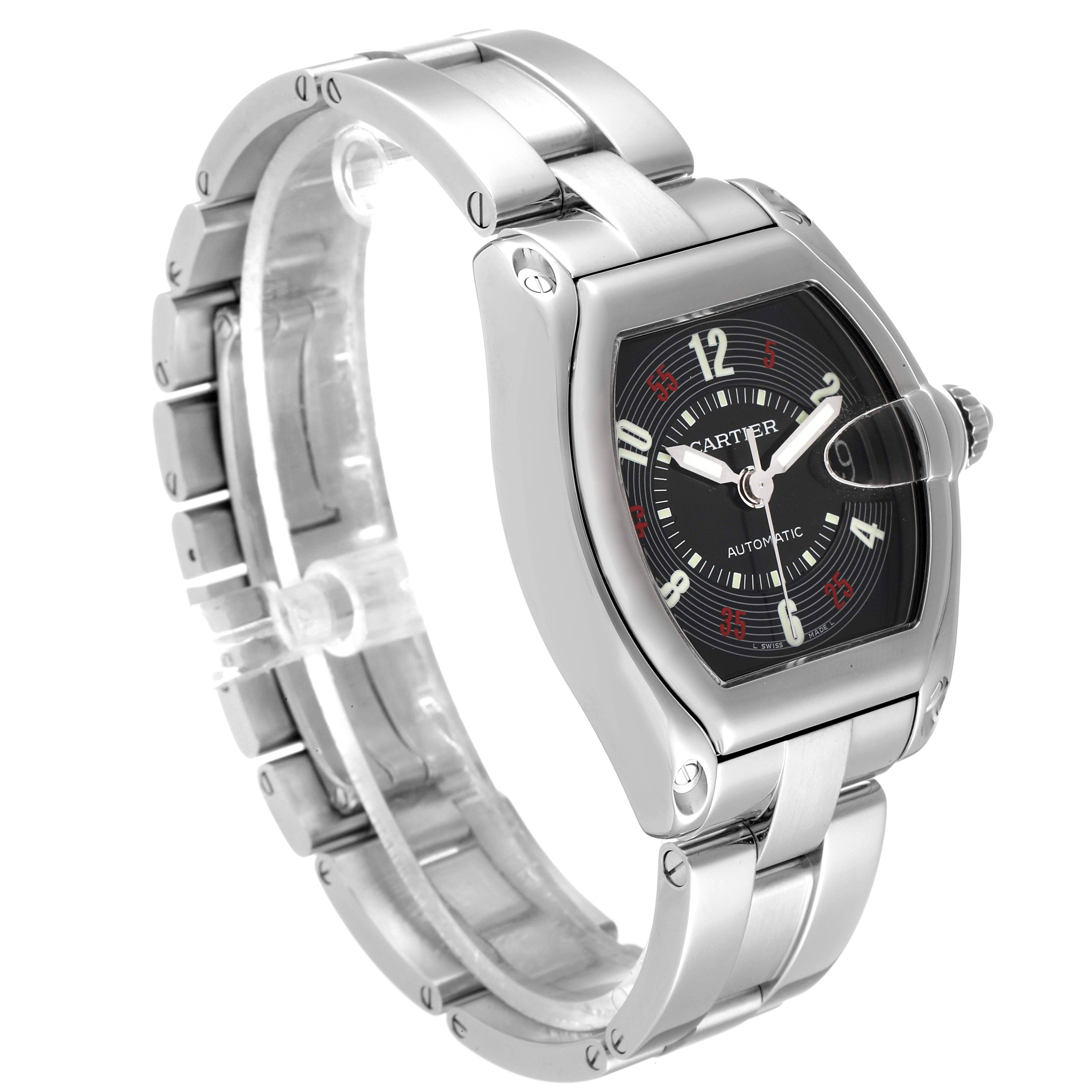 The image shows a three-quarter angle view of the Cartier Roadster W62002V3 Men
s Stainless Steel Black Dial W62002V3 Men
s Stainless Steel Black Dial watch, highlighting its face, casing, and bracelet.