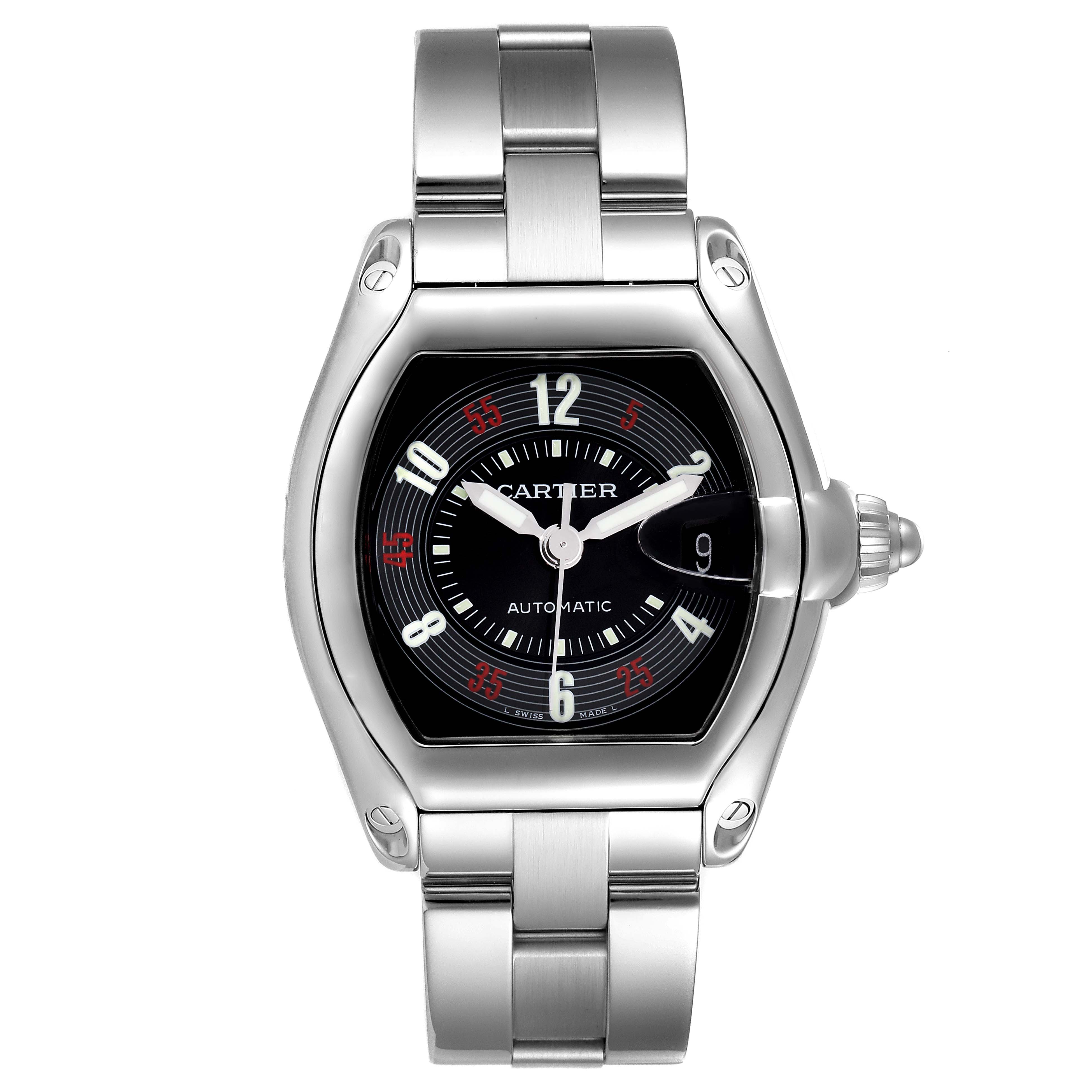The image shows a front view of the Cartier Roadster W62002V3 Men
s Stainless Steel Black Dial W62002V3 Men
s Stainless Steel Black Dial watch, highlighting the dial, hands, bracelet, and crown.