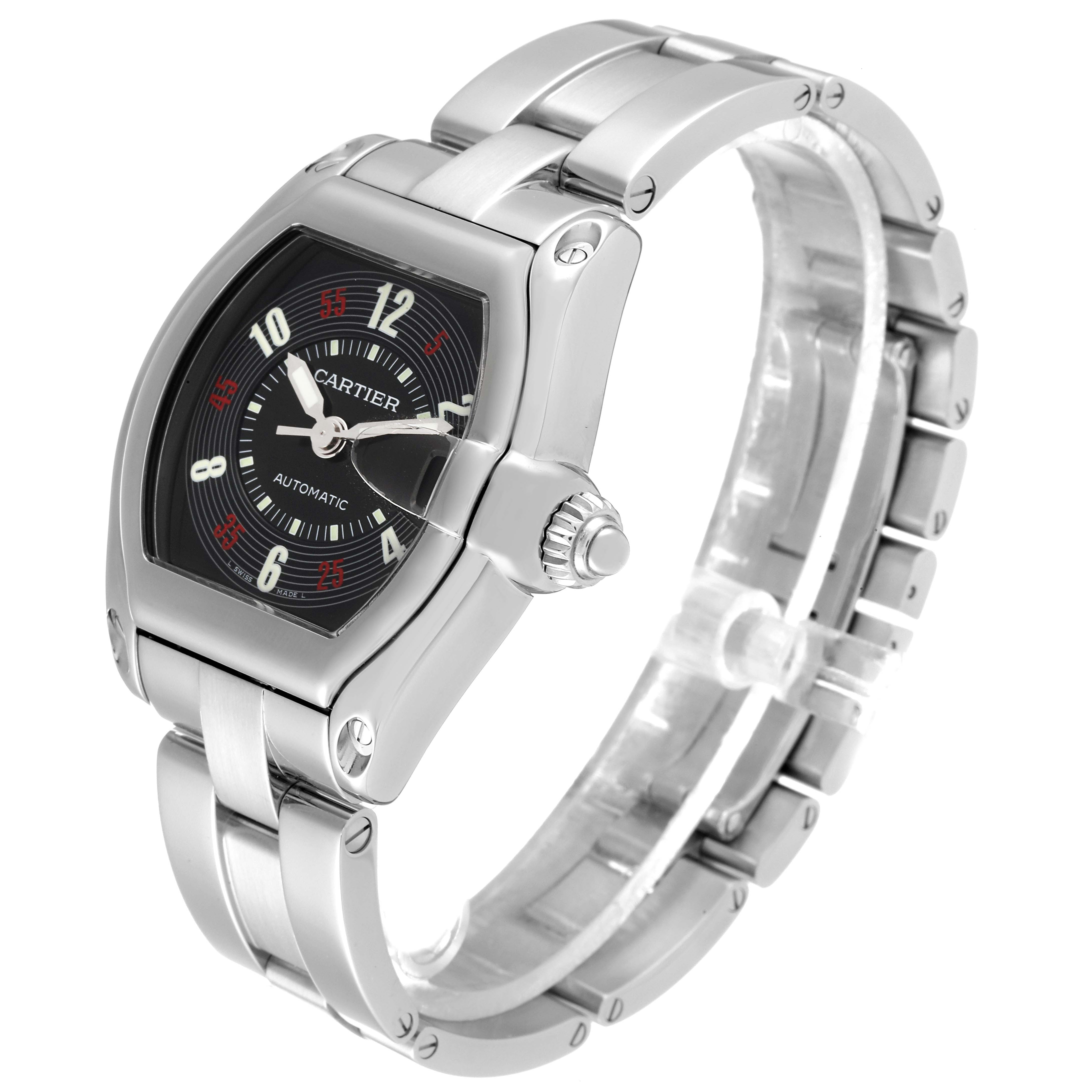 The image shows a Cartier Roadster W62002V3 Men
s Stainless Steel Black Dial W62002V3 Men
s Stainless Steel Black Dial model watch at an angle highlighting the face, bezel, crown, and part of the bracelet.