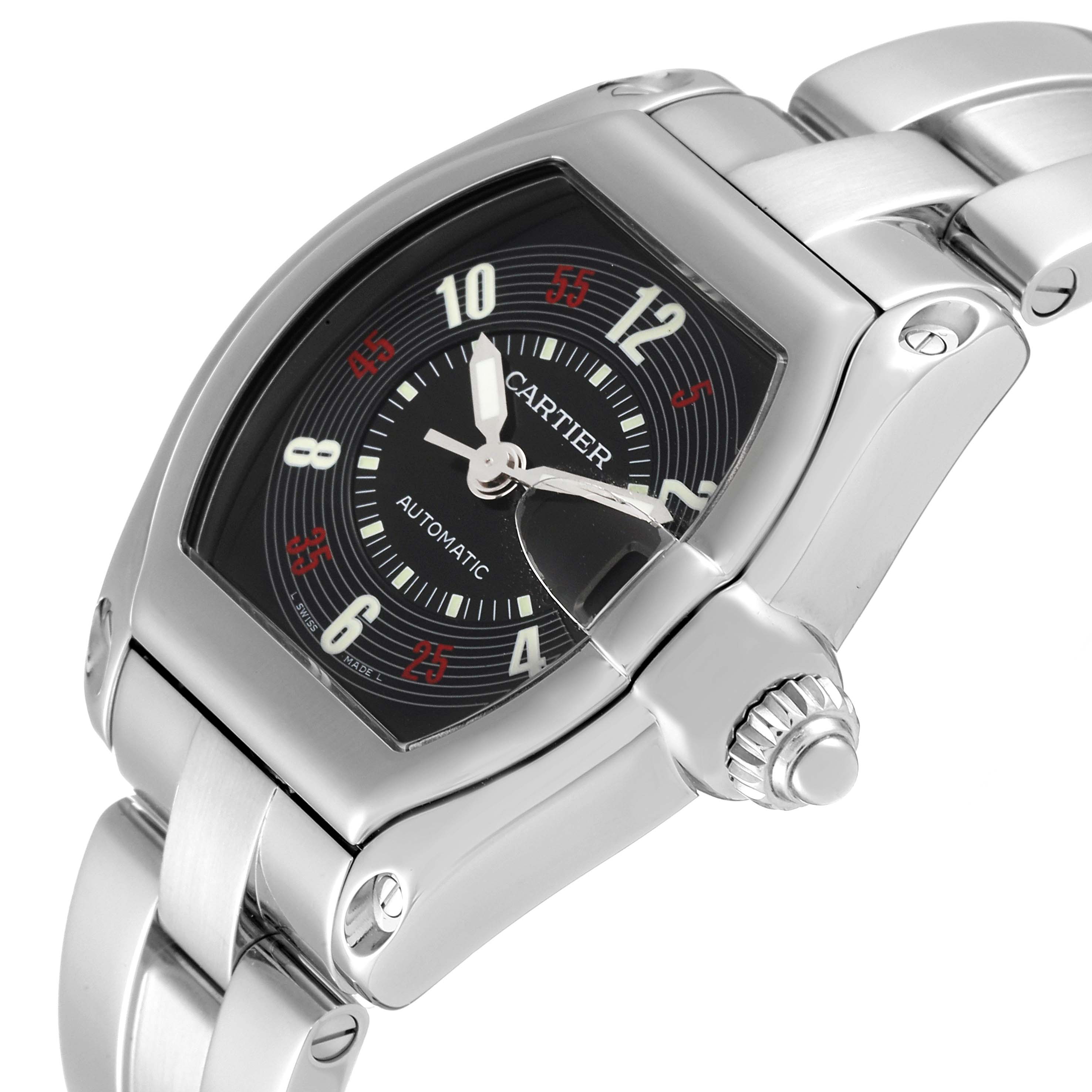 The Cartier Roadster W62002V3 Men
s Stainless Steel Black Dial W62002V3 Men
s Stainless Steel Black Dial watch is shown from a close-up angle, highlighting the face, crown, and part of the stainless steel bracelet.