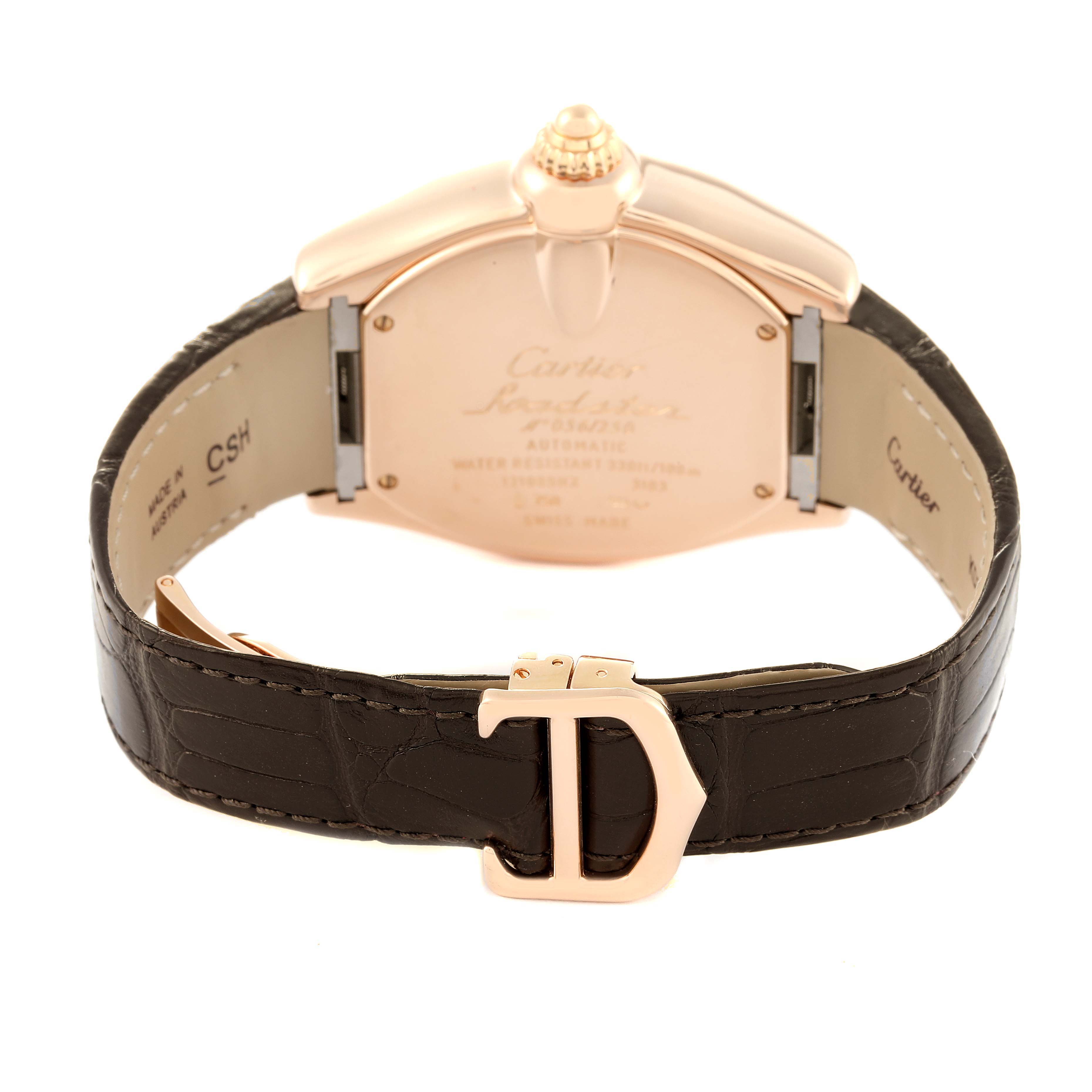 The image shows the back view of the Cartier Roadster W6206001 Men's Rose Gold Brown Dial W6206001 Men's Rose Gold Brown Dial watch, featuring its case, strap, and clasp.