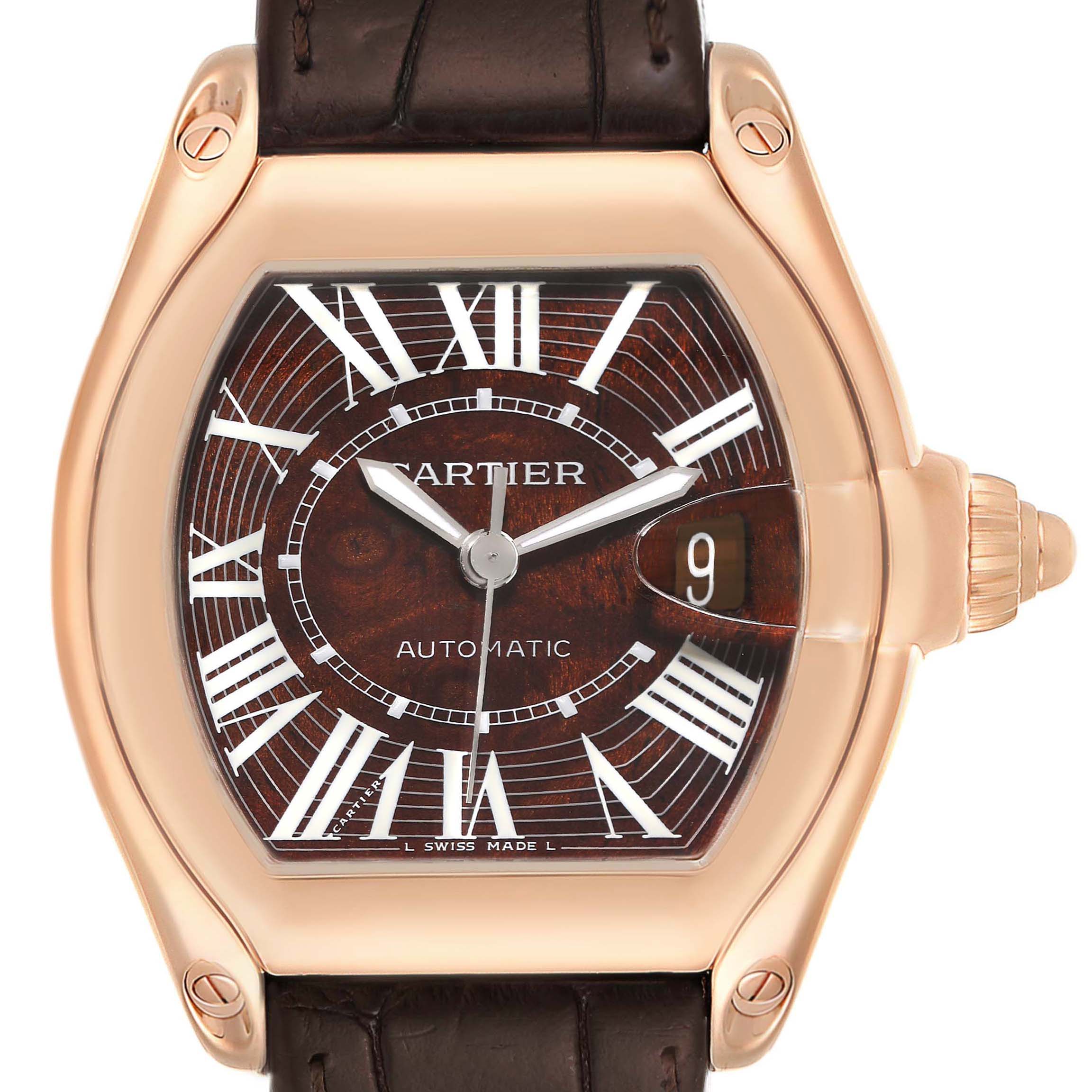 The image shows a Cartier Roadster W6206001 Men's Rose Gold Brown Dial W6206001 Men's Rose Gold Brown Dial watch in a close-up, front view, highlighting its dial, case, crown, and part of the strap.