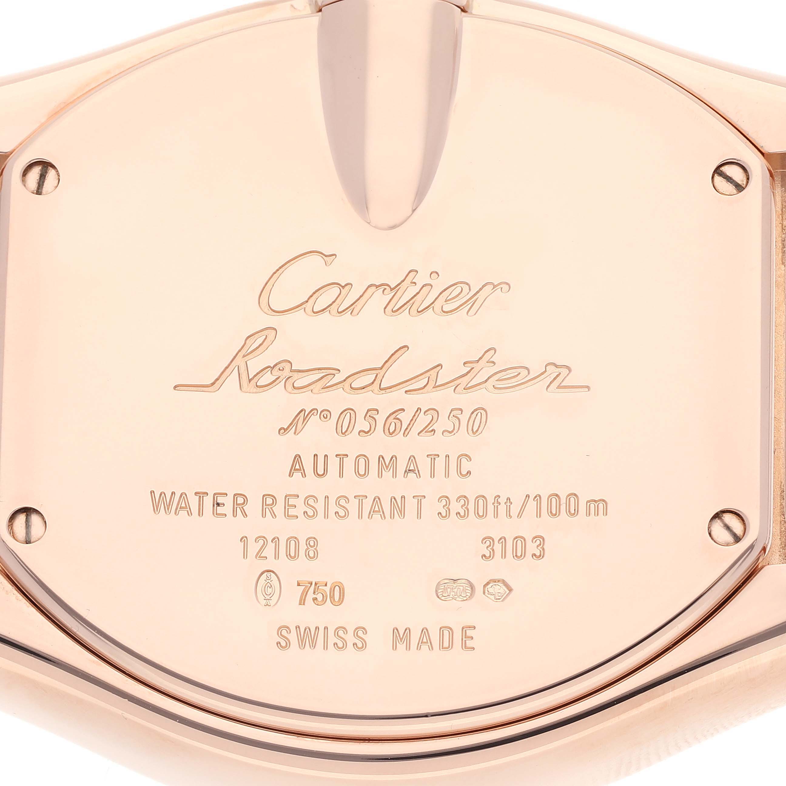 This image shows the back case of a Cartier Roadster W6206001 Men's Rose Gold Brown Dial W6206001 Men's Rose Gold Brown Dial watch, displaying model and specifications.