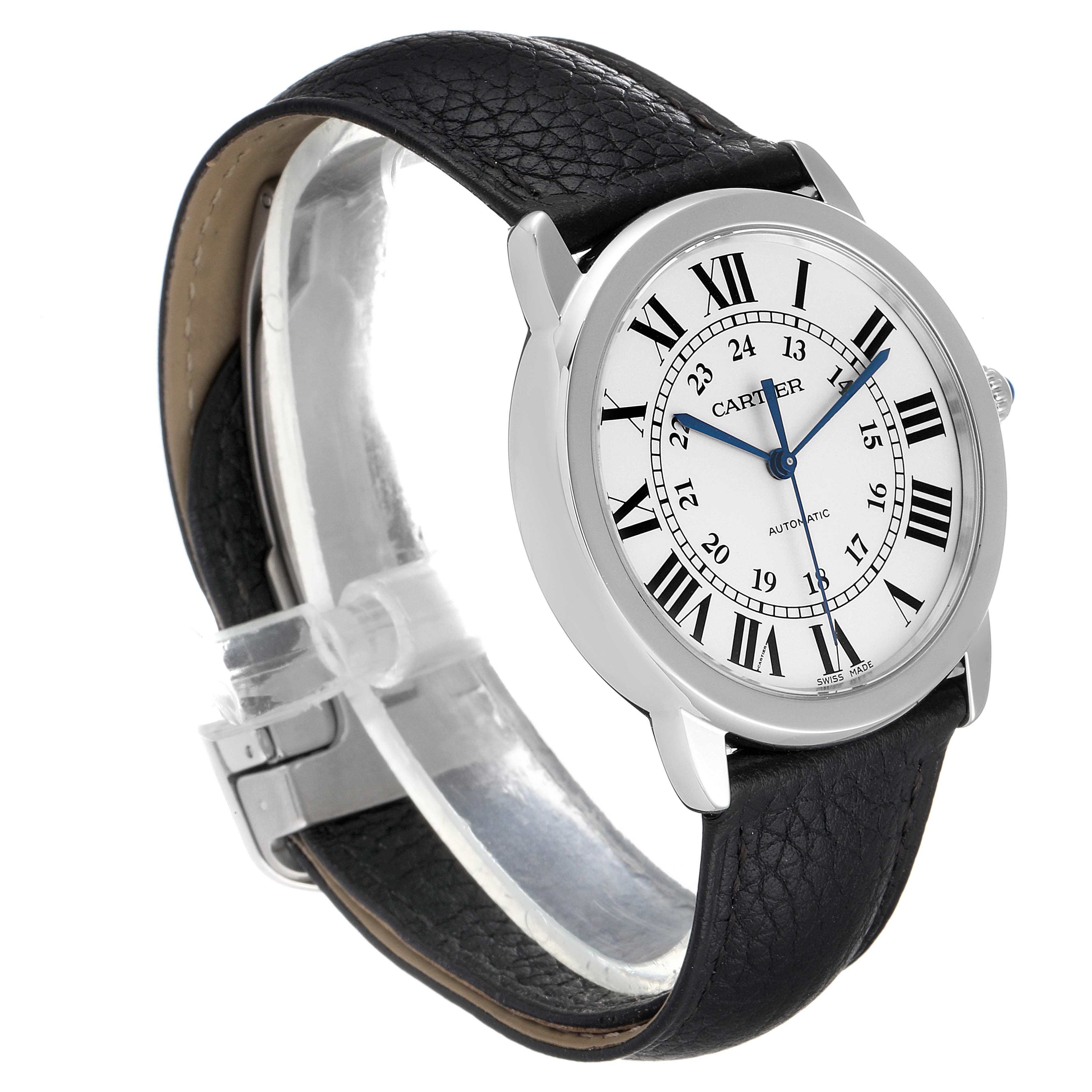 The image shows a Cartier Ronde WSRN0021 Men
s Stainless Steel Silver Dial WSRN0021 Men
s Stainless Steel Silver Dial watch at a 3/4 angle, displaying the face and part of the black leather strap.