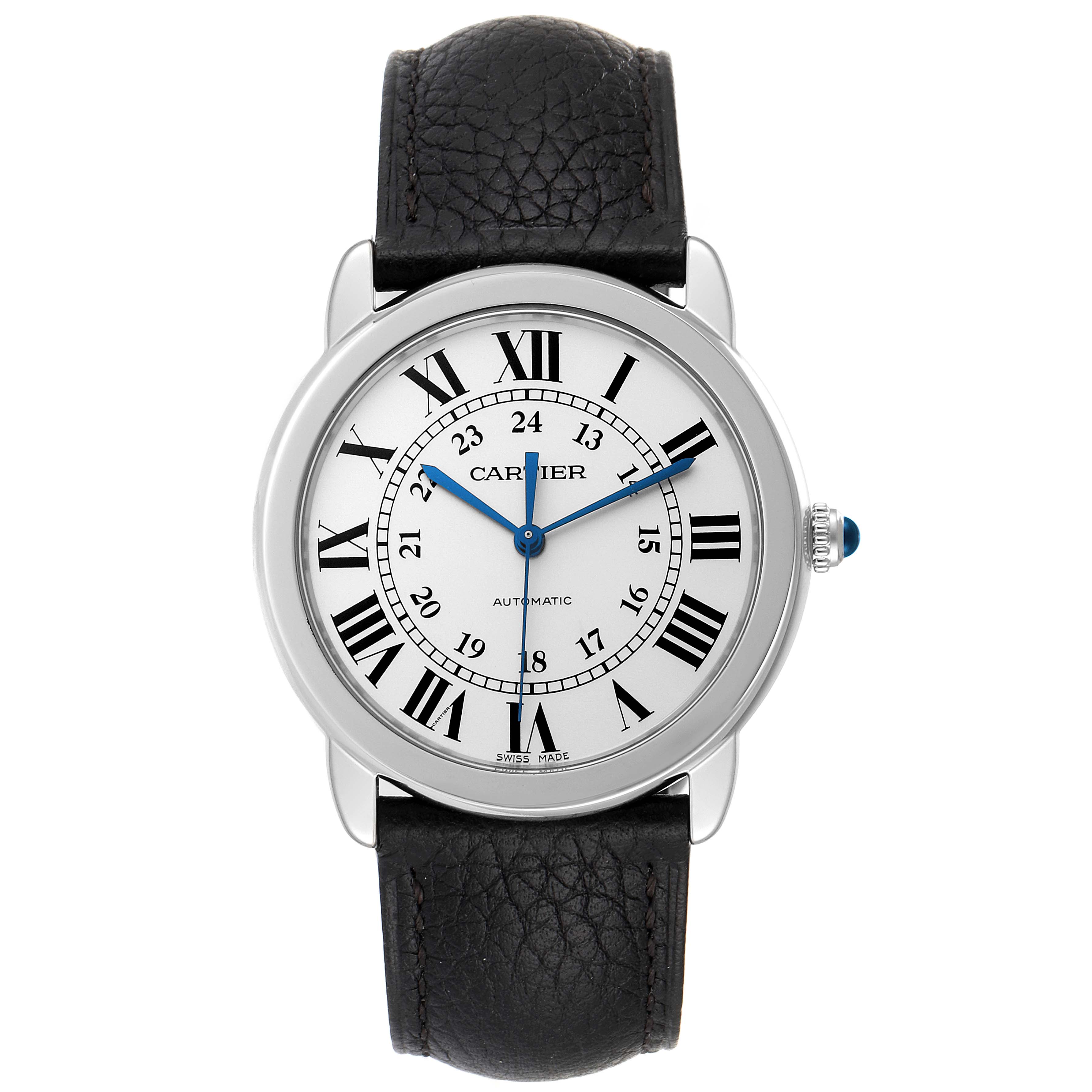 The image shows a front view of the Cartier Ronde WSRN0021 Men
s Stainless Steel Silver Dial WSRN0021 Men
s Stainless Steel Silver Dial watch, displaying its face, Roman numerals, hands, and black leather strap.