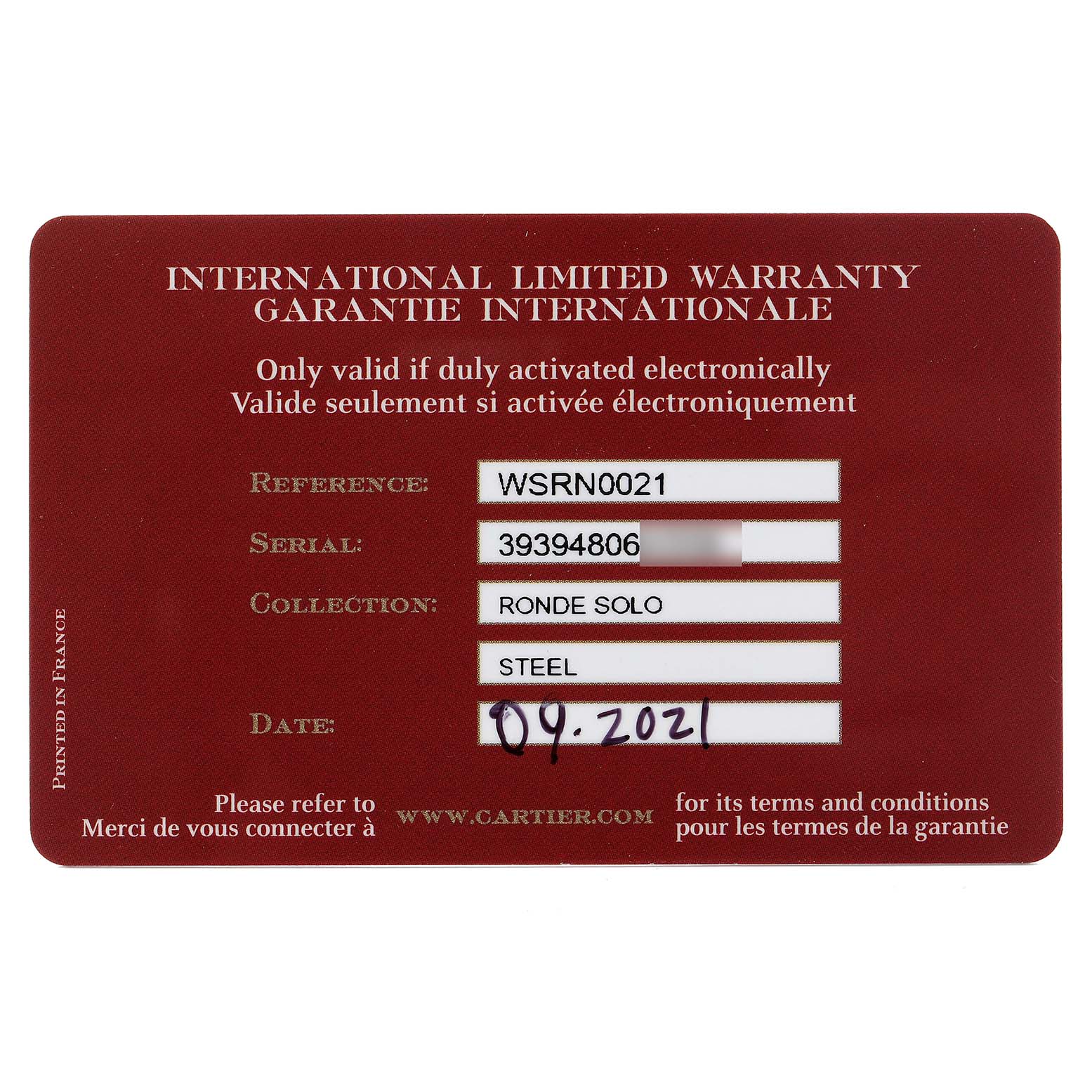 The image shows the warranty card for a Cartier Ronde WSRN0021 Men
s Stainless Steel Silver Dial WSRN0021 Men
s Stainless Steel Silver Dial Solo watch.