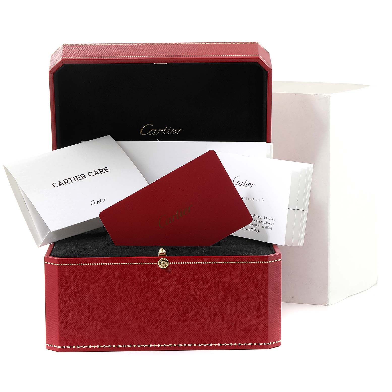 The image shows the packaging and documents for a Cartier Ronde WSRN0021 Men
s Stainless Steel Silver Dial WSRN0021 Men
s Stainless Steel Silver Dial watch, including a red box, white booklets, and a red card.
