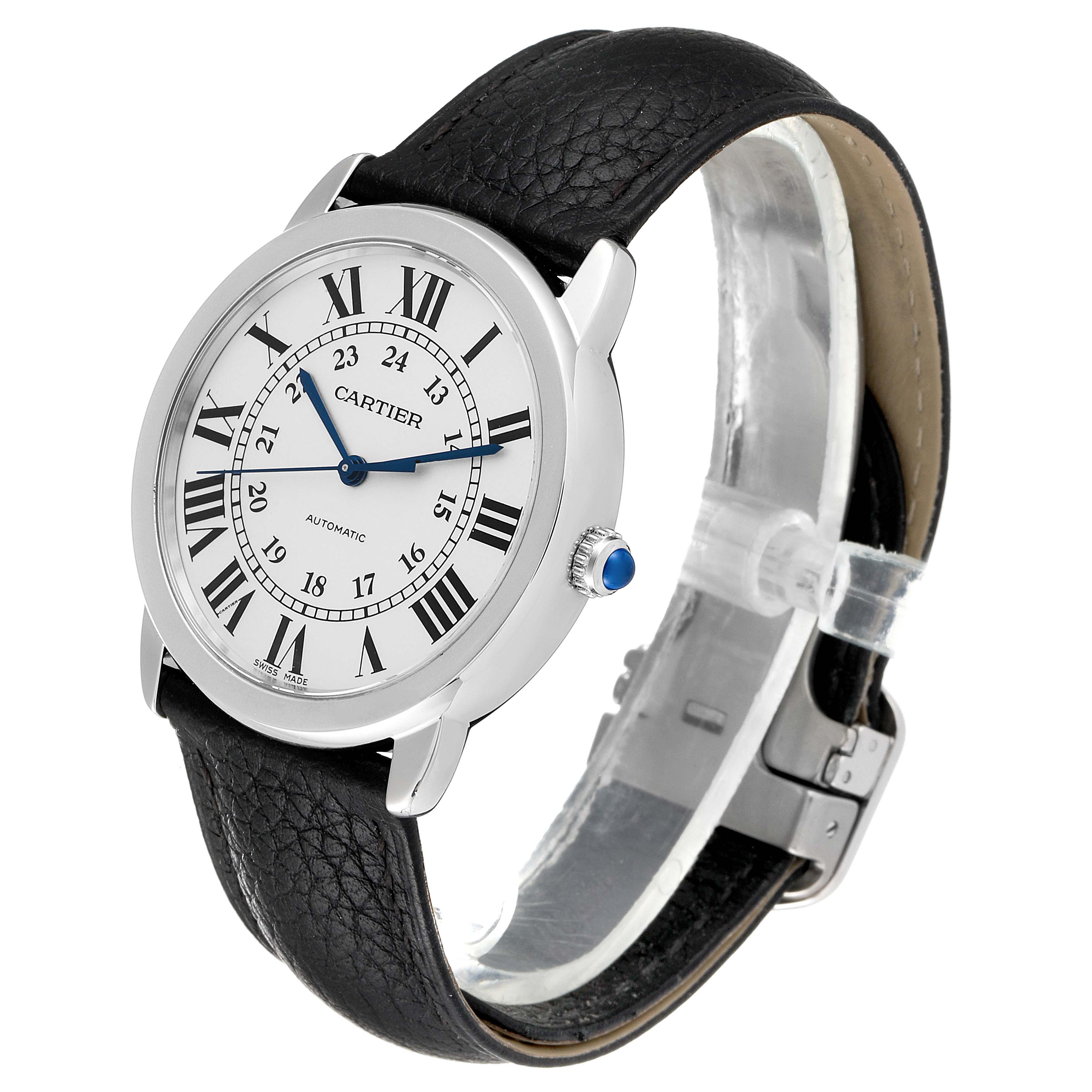 The image shows a Cartier Ronde WSRN0021 Men
s Stainless Steel Silver Dial WSRN0021 Men
s Stainless Steel Silver Dial watch angled from the front-left, highlighting its face, bezel, and leather strap.
