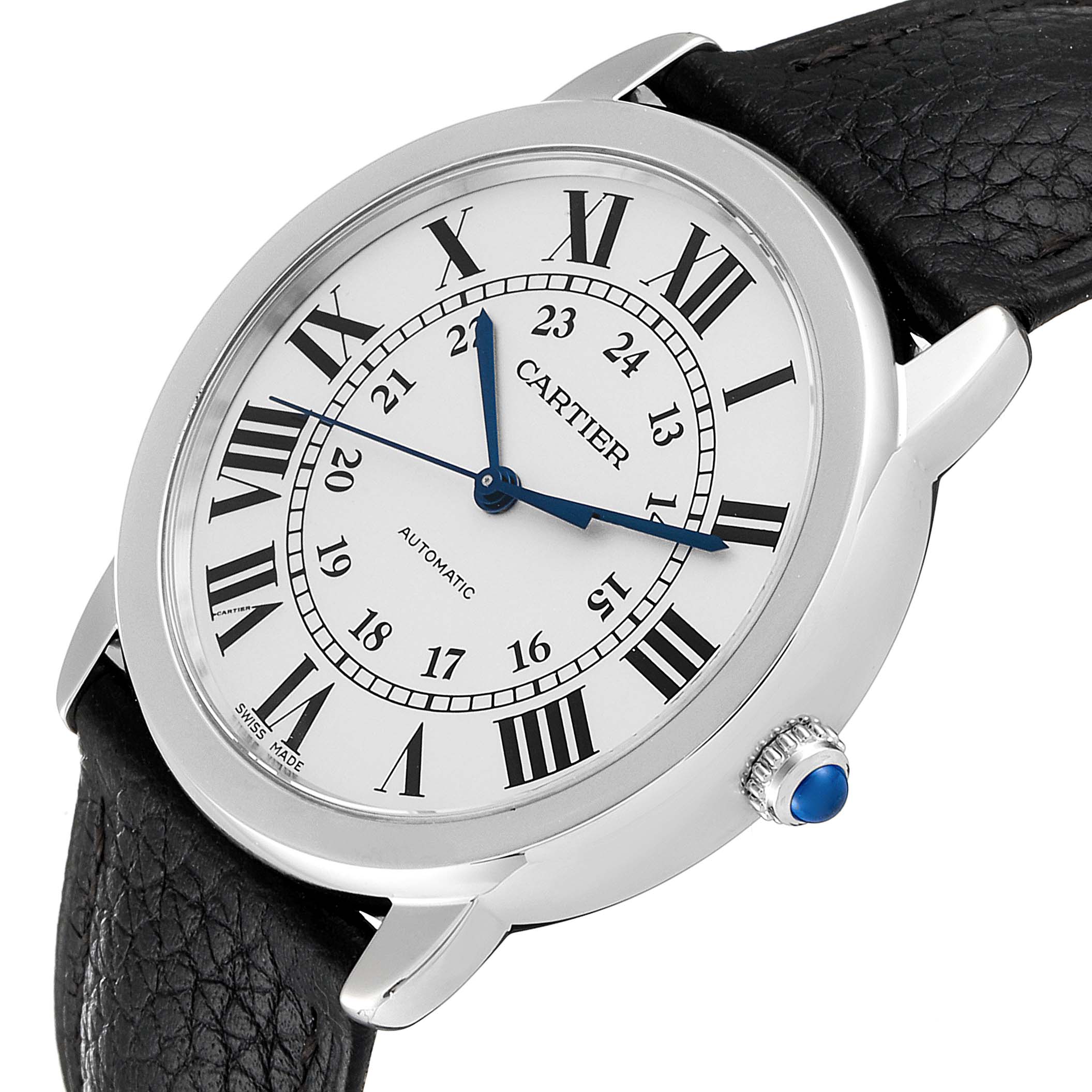 The image shows a close-up, angled view of a Cartier Ronde WSRN0021 Men
s Stainless Steel Silver Dial WSRN0021 Men
s Stainless Steel Silver Dial watch, highlighting the face, blue hands, and crown with a black leather strap.