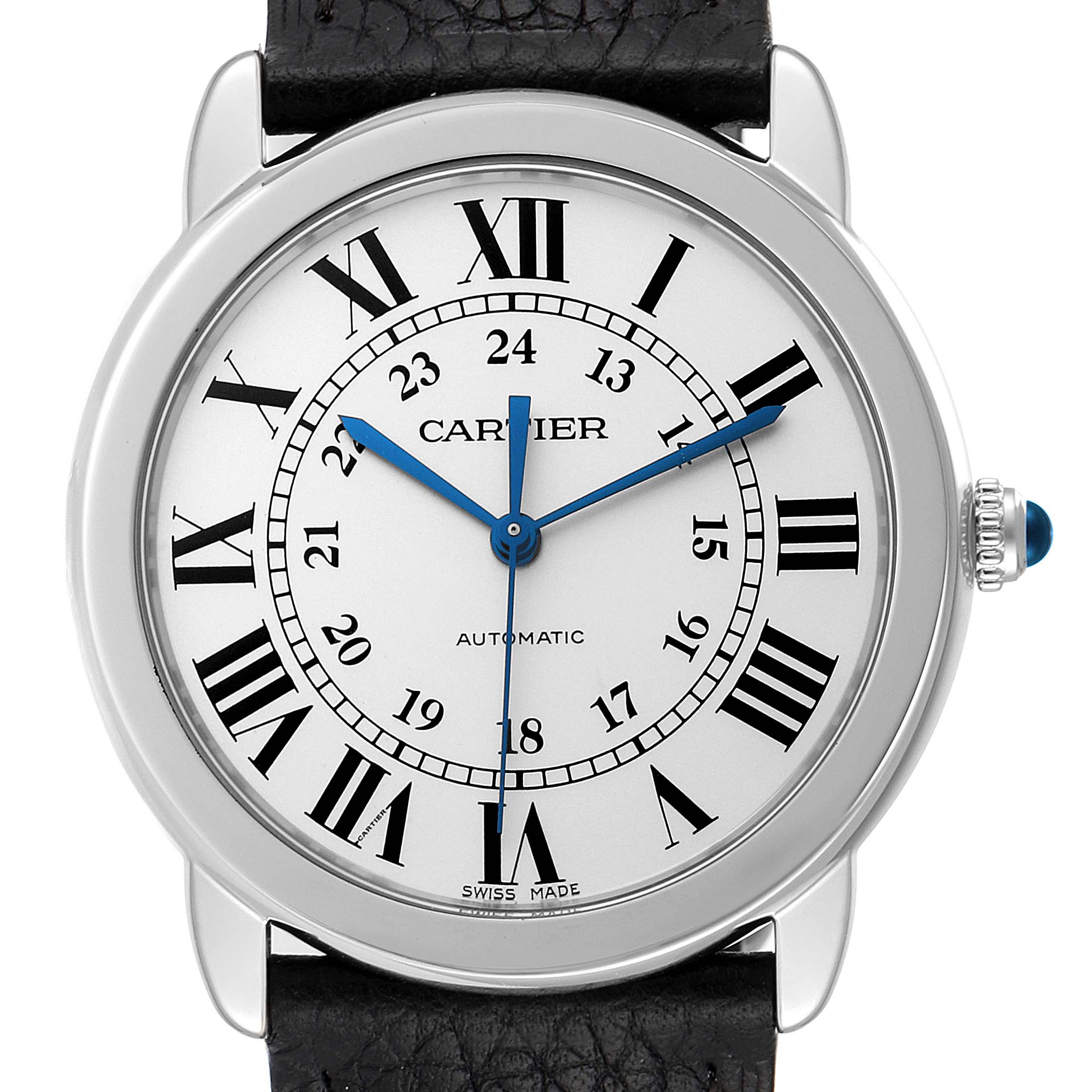 The image shows a front view of a Cartier Ronde WSRN0021 Men
s Stainless Steel Silver Dial WSRN0021 Men
s Stainless Steel Silver Dial watch, displaying its dial, blue hands, Roman numerals, crown, and black leather strap.