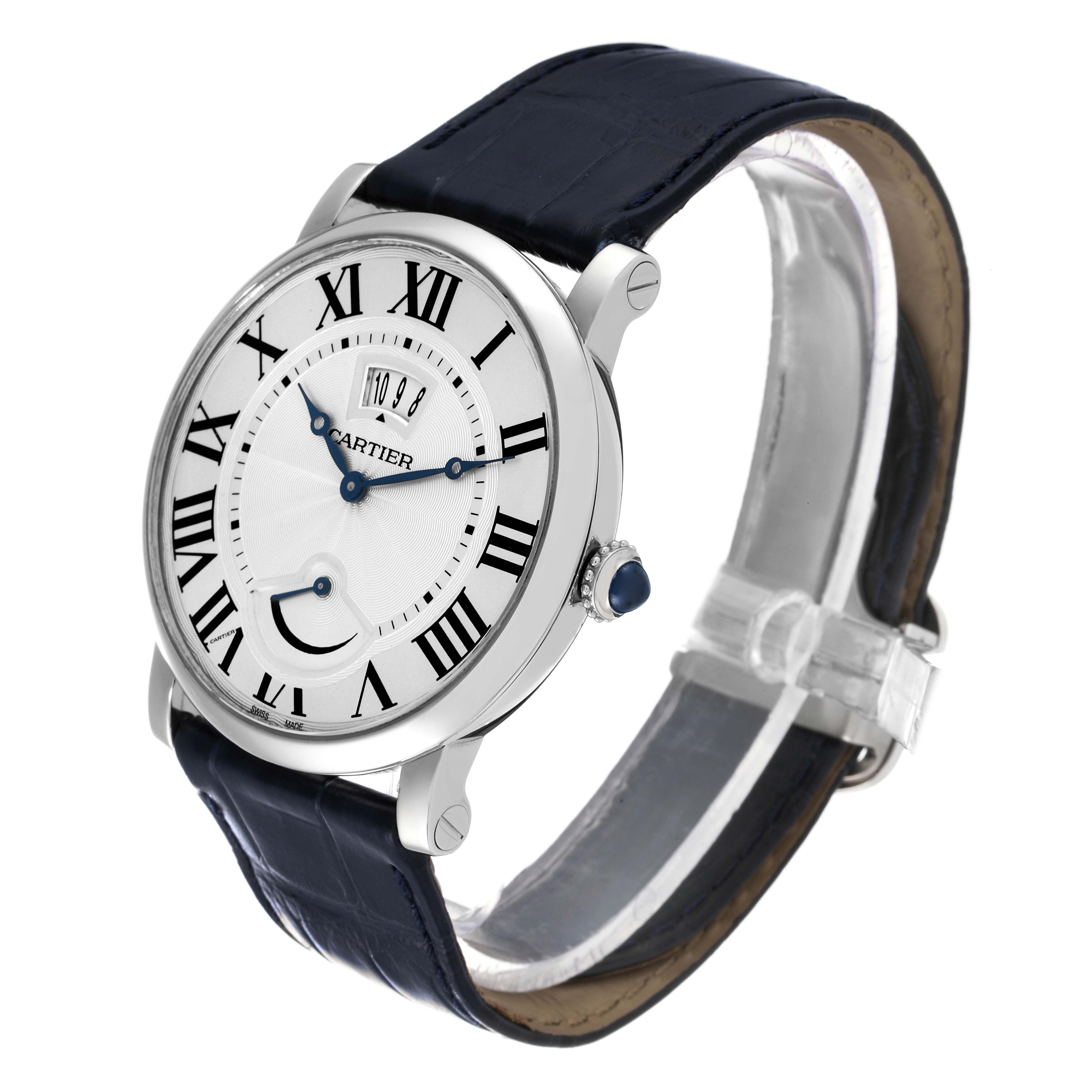 The image shows a side and angled view of the Cartier Rotonde W1556369 Men
s Stainless Steel Silver Dial W1556369 Men
s Stainless Steel Silver Dial watch displaying the face, bezel, crown, and leather strap.