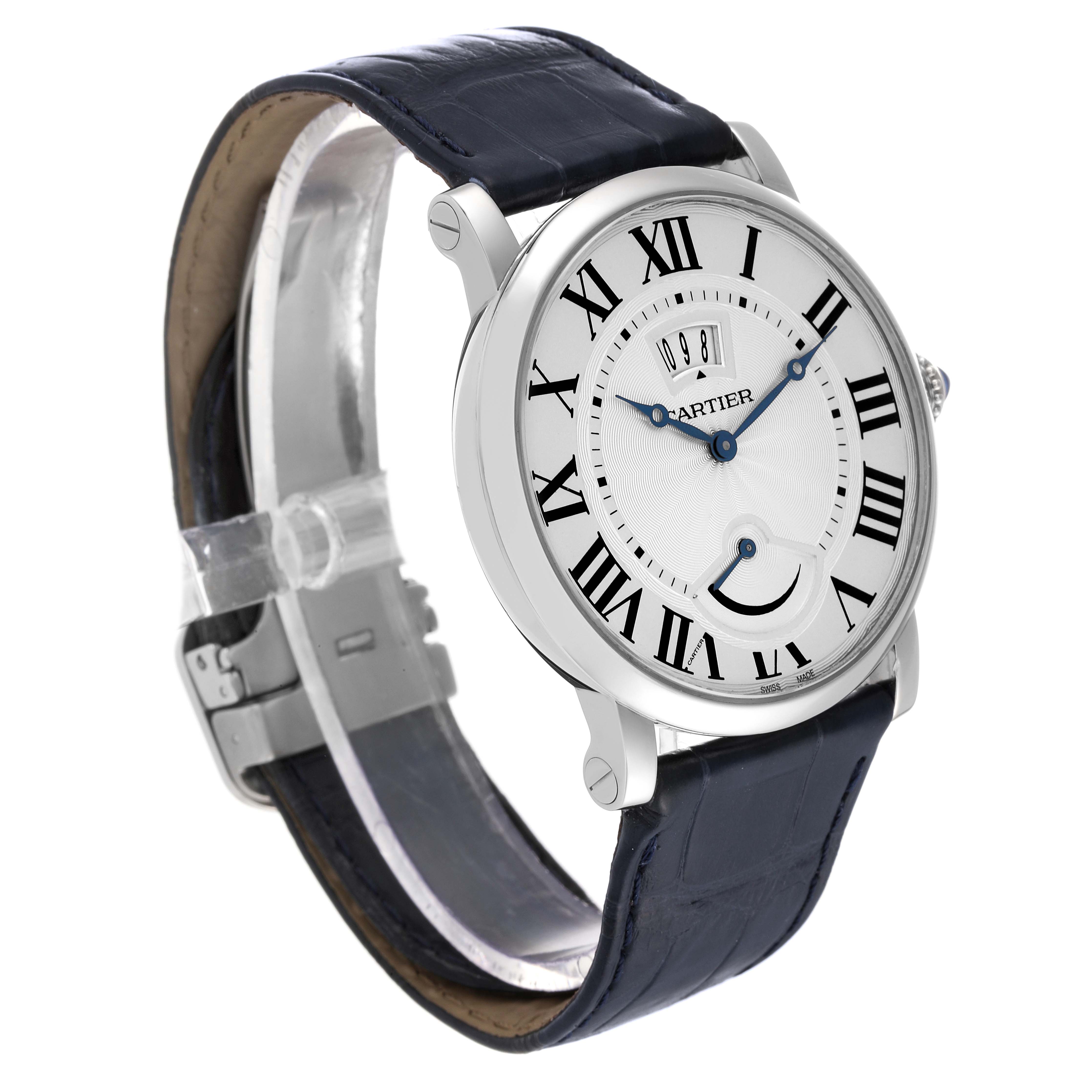 The image shows a Rotonde de Cartier watch angled from the front-left, displaying its dial, Roman numerals, and leather strap.