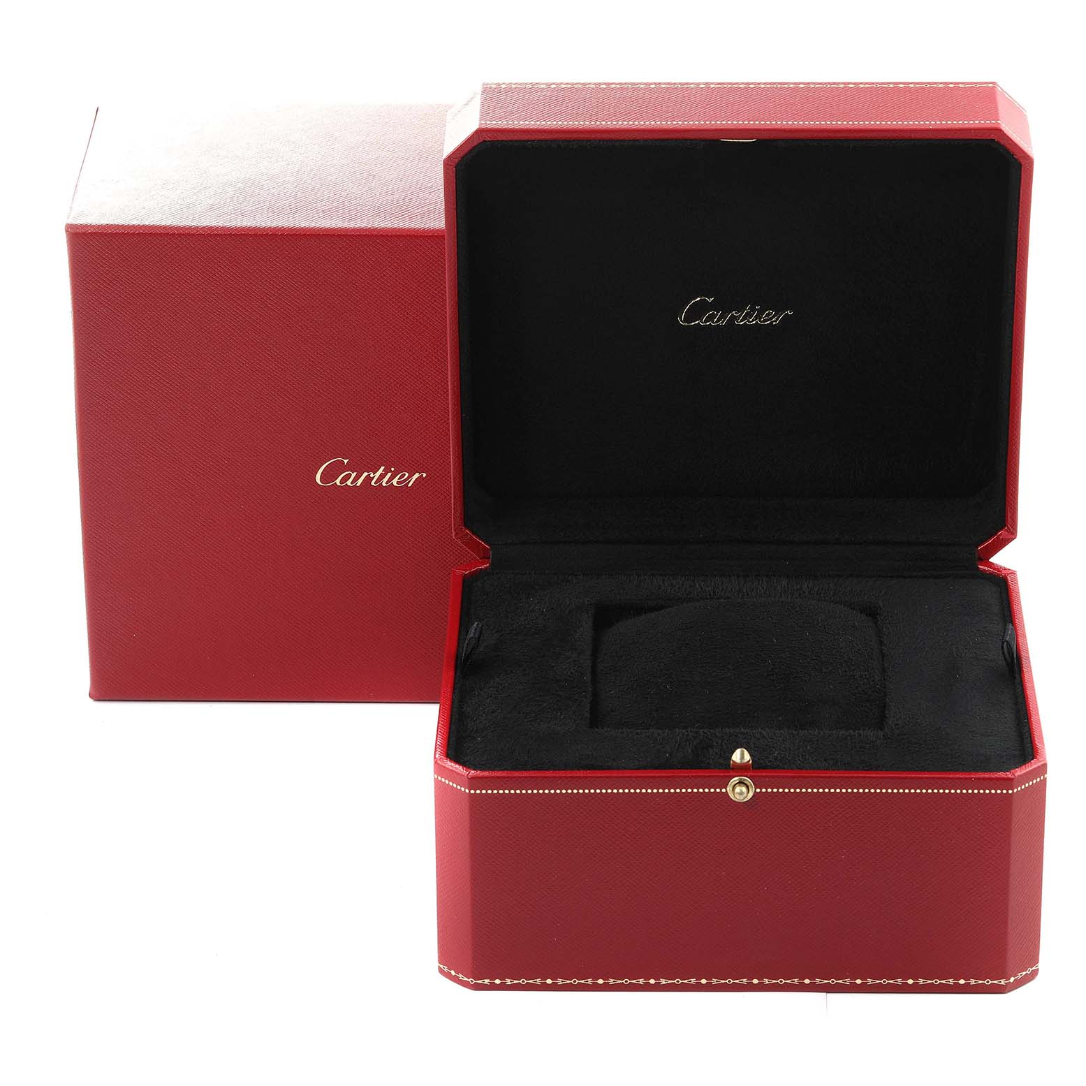 The image shows an open red Cartier watch box for the Rotonde model, with the exterior and interior details visible.