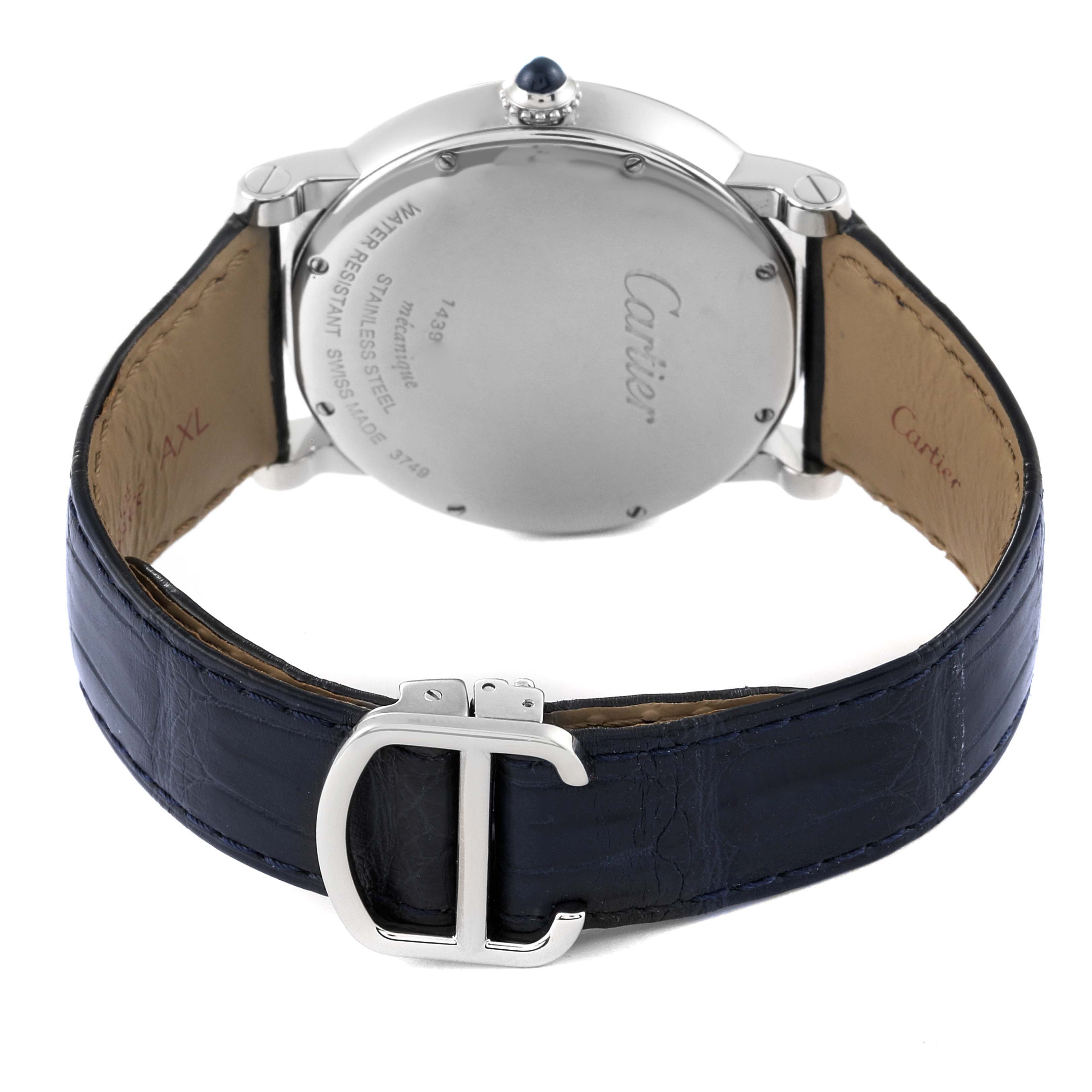 The image shows a rear view of the Cartier Rotonde W1556369 Men
s Stainless Steel Silver Dial W1556369 Men
s Stainless Steel Silver Dial watch, displaying its case back, leather strap, and clasp.