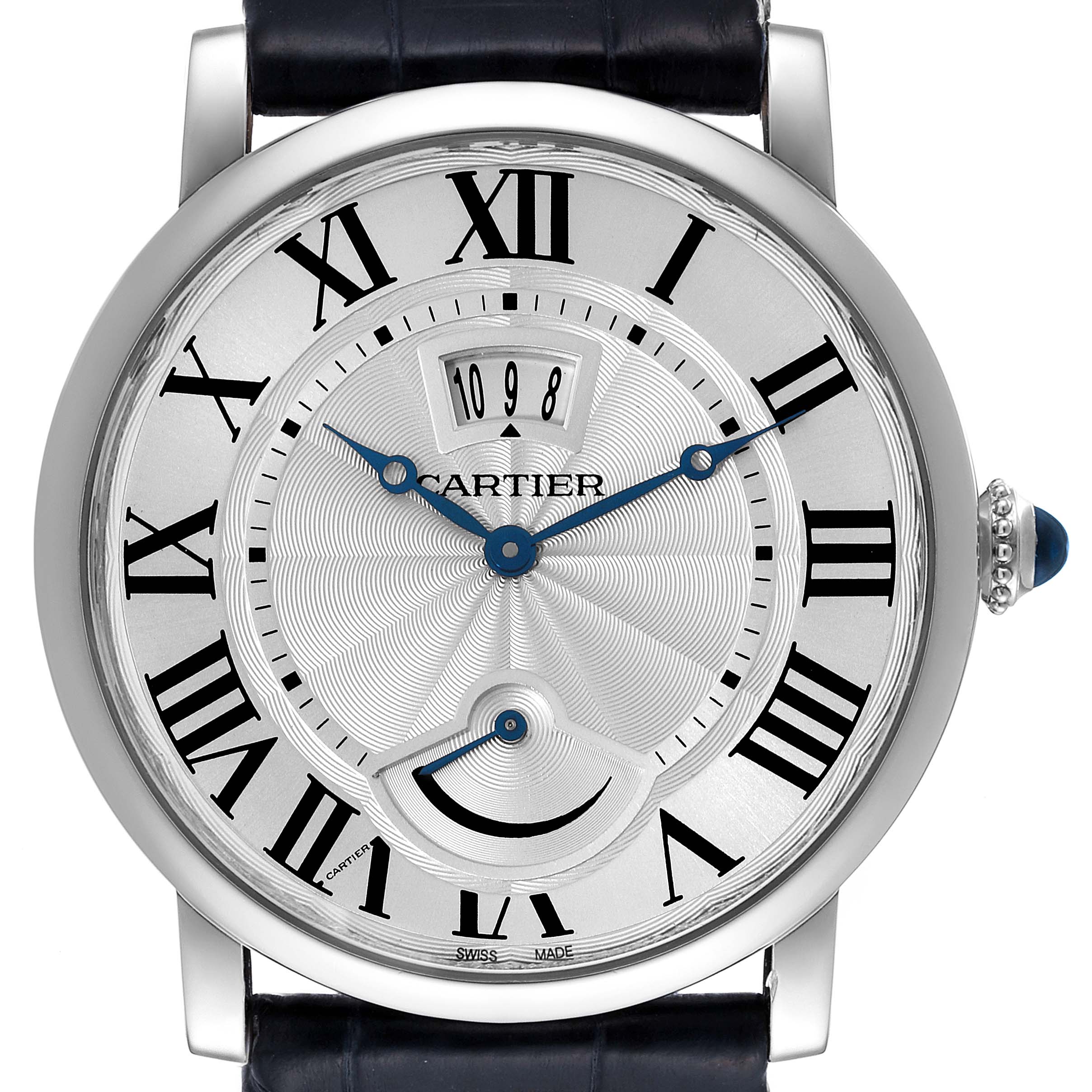 The image shows a frontal view of the Cartier Rotonde W1556369 Men
s Stainless Steel Silver Dial W1556369 Men
s Stainless Steel Silver Dial model watch, highlighting its Roman numerals, blue hands, and date display.