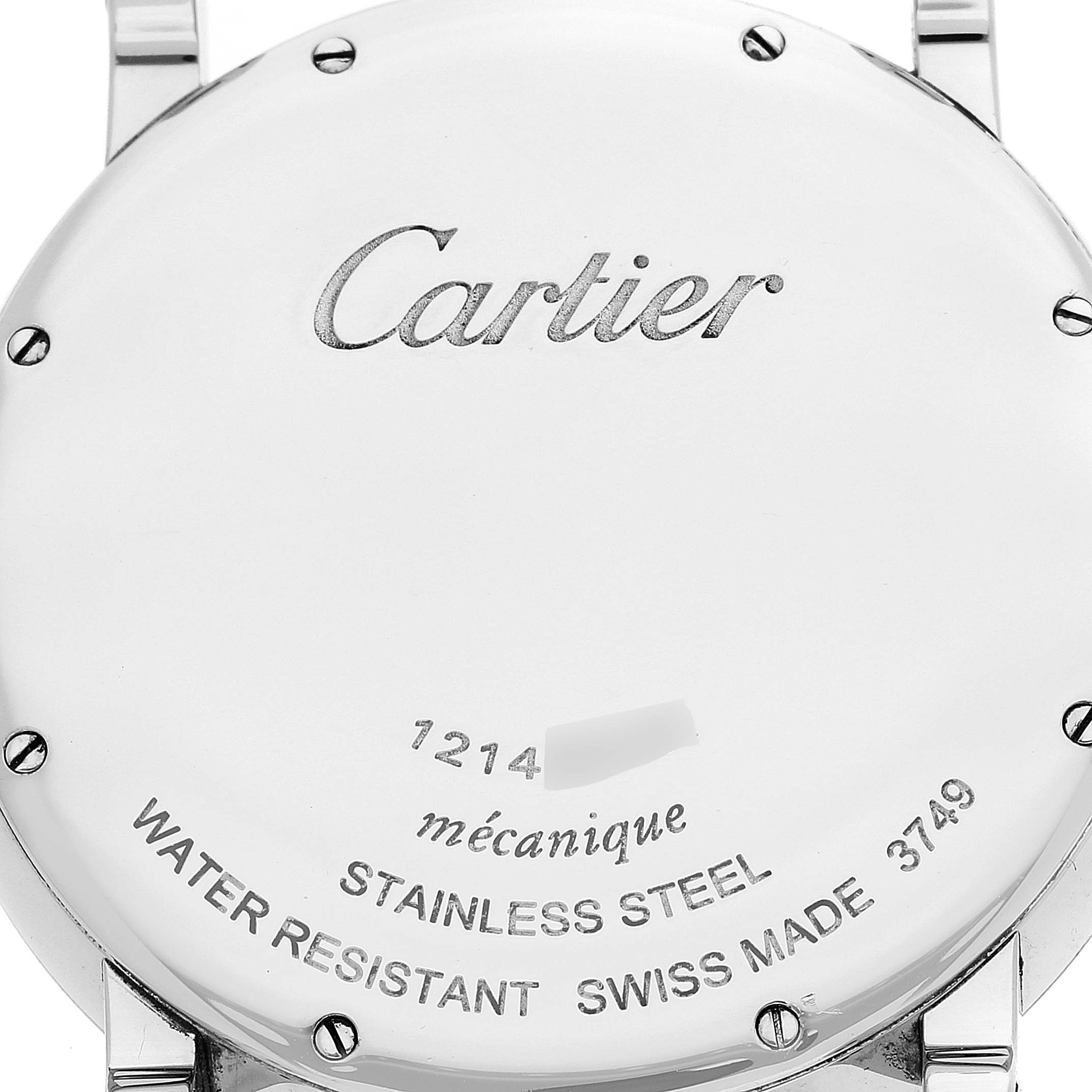 This image shows the case back of a Rotonde model watch by Cartier, displaying its engravings and screws.