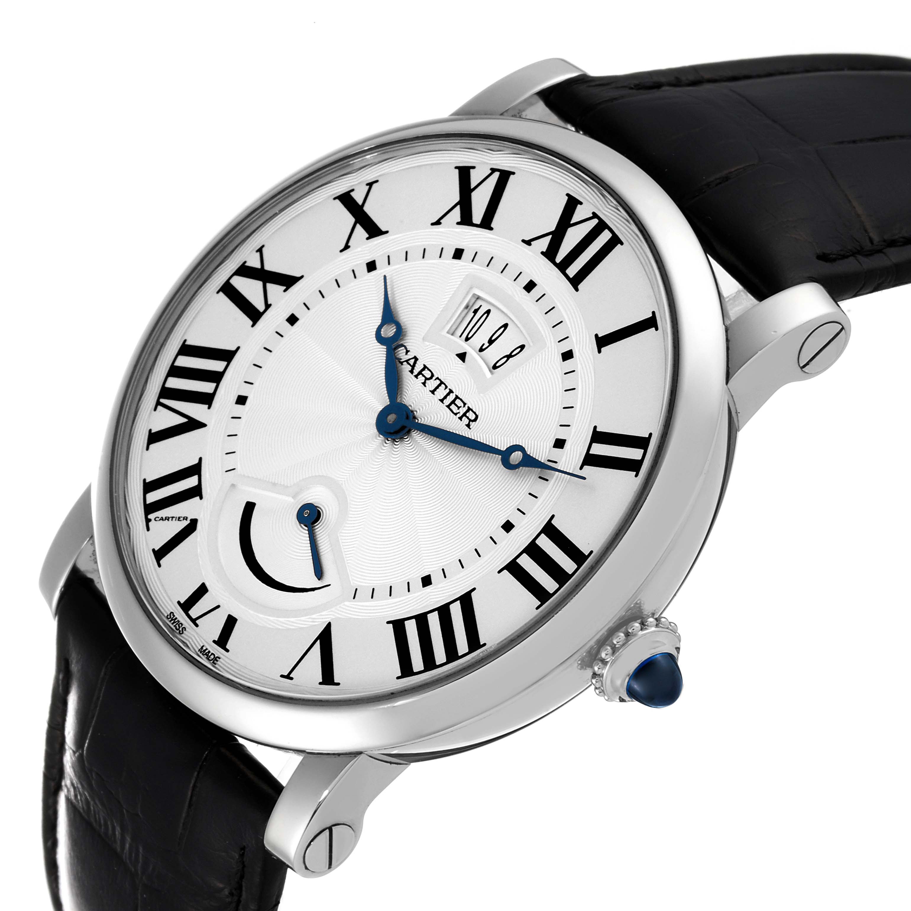 The image shows the Rotonde model by Cartier at a slight angle, highlighting the watch face, crown, and leather strap.