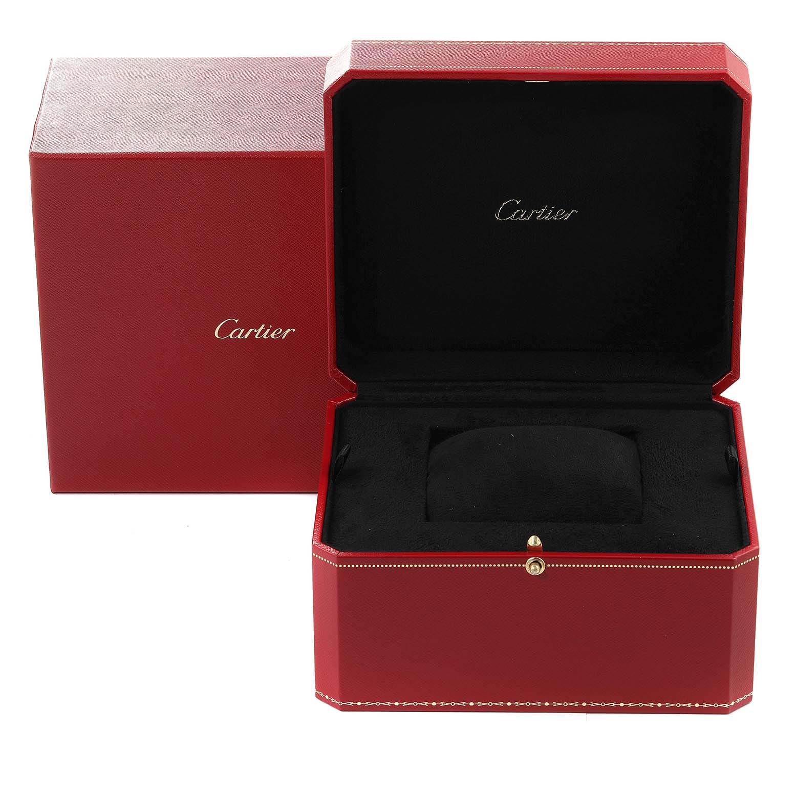 The image shows a red Cartier Rotonde W1556369 Men's Stainless Steel Silver Dial W1556369 Men's Stainless Steel Silver Dial watch box, open and empty with another box beside it.