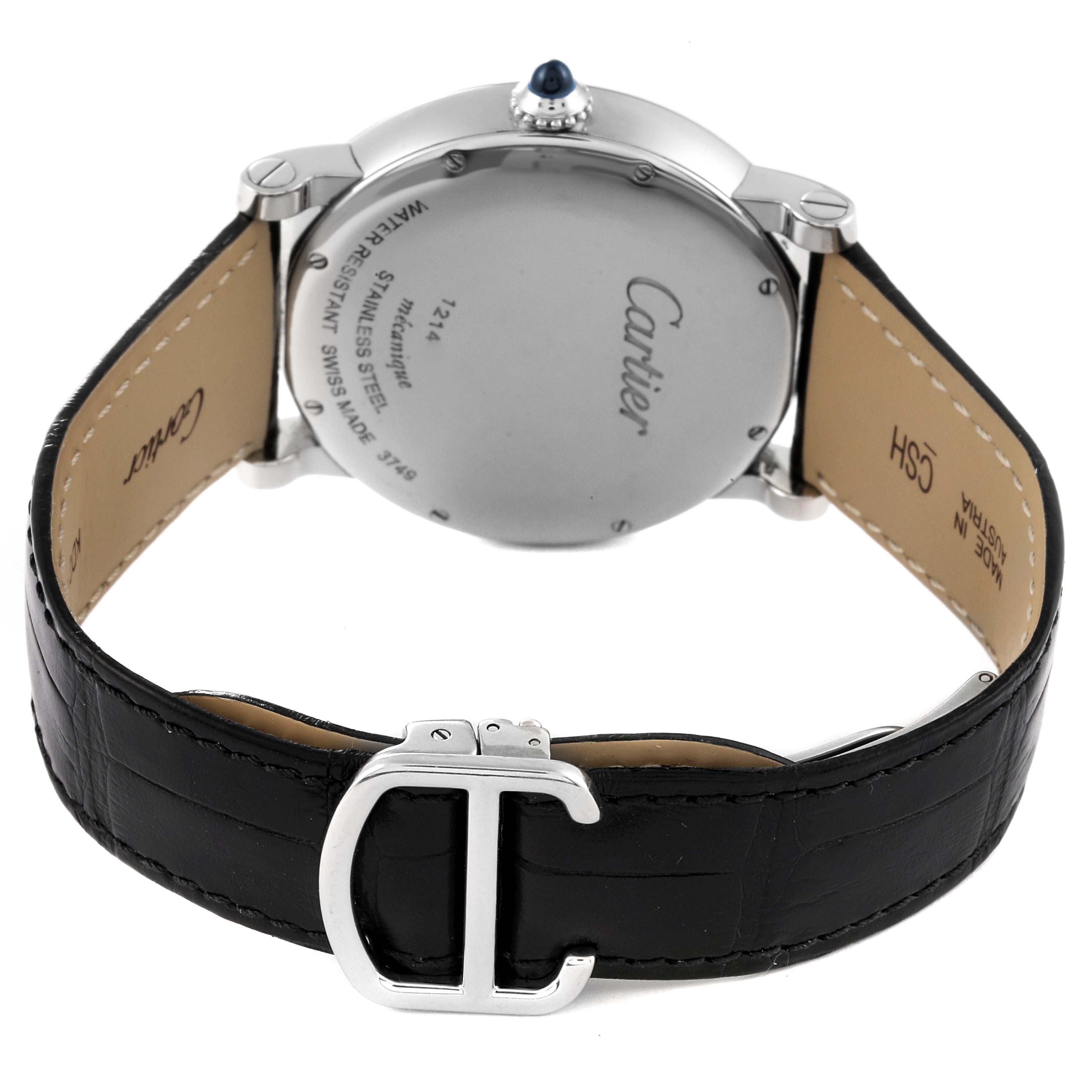 The image shows the back view of the Cartier Rotonde W1556369 Men's Stainless Steel Silver Dial W1556369 Men's Stainless Steel Silver Dial watch, highlighting the case back, strap, and buckle.