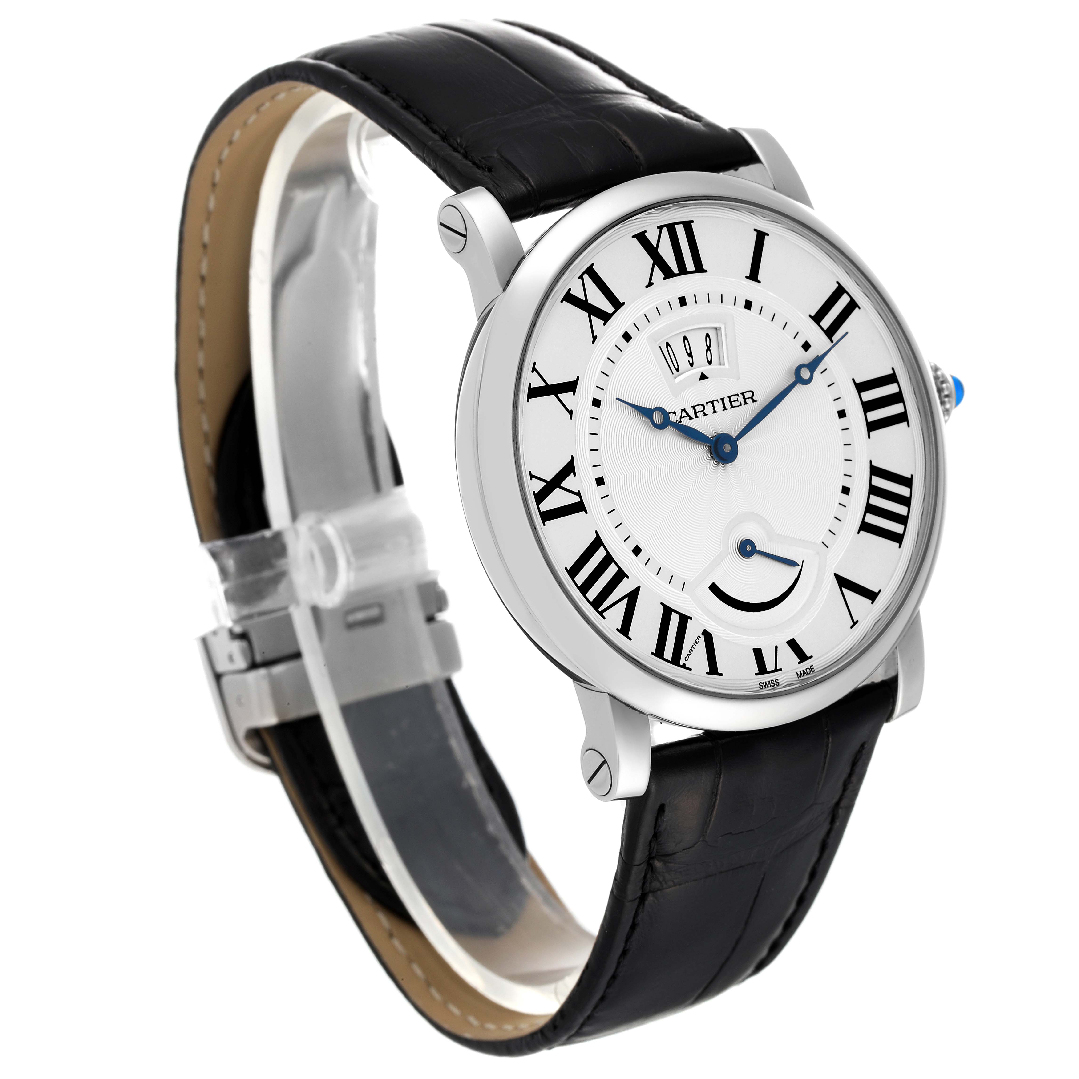 The image shows a front angled view of the Rotonde de Cartier watch, highlighting its face, strap, and side crown.