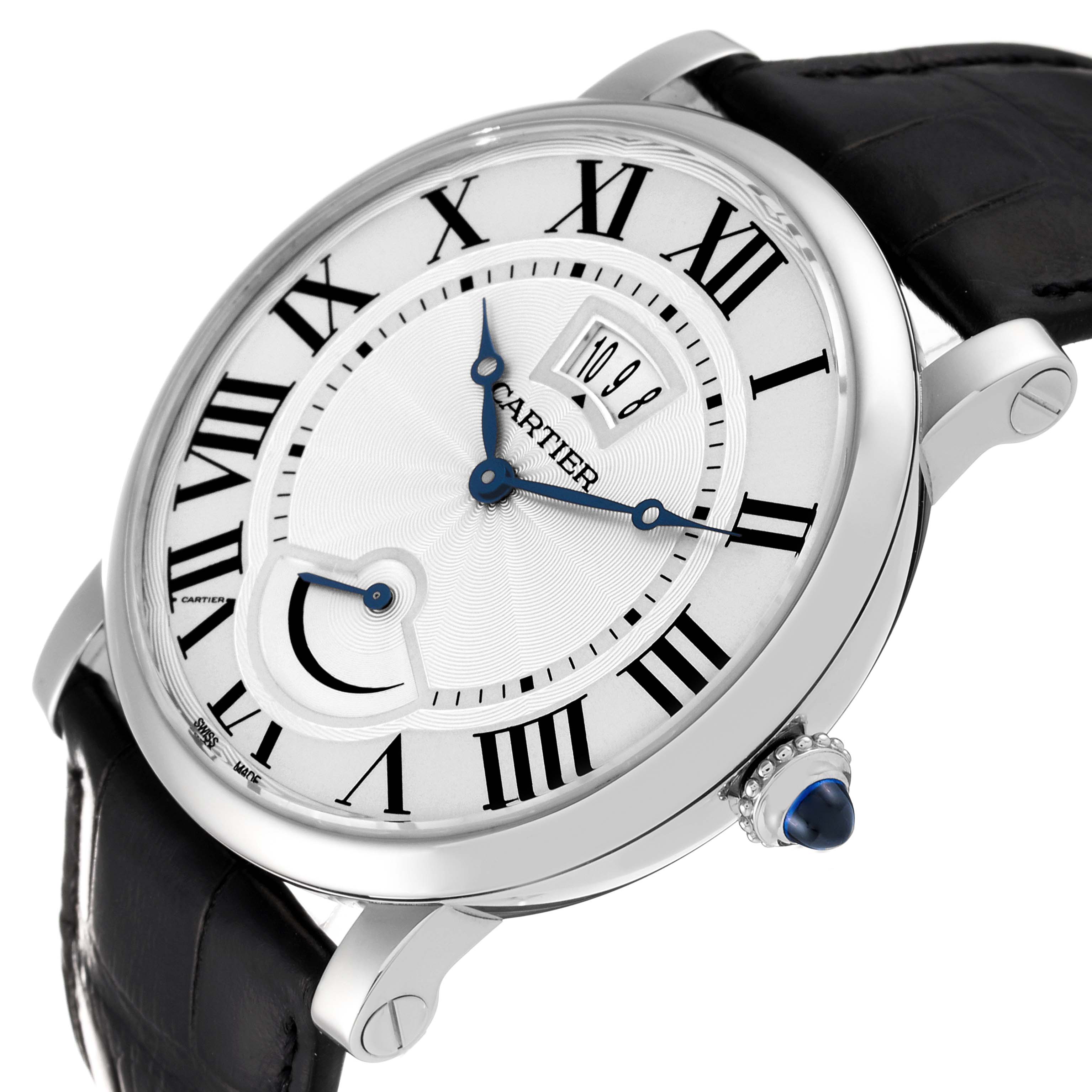 The Rotonde model by Cartier is shown at an angle highlighting the dial, roman numerals, and strap.