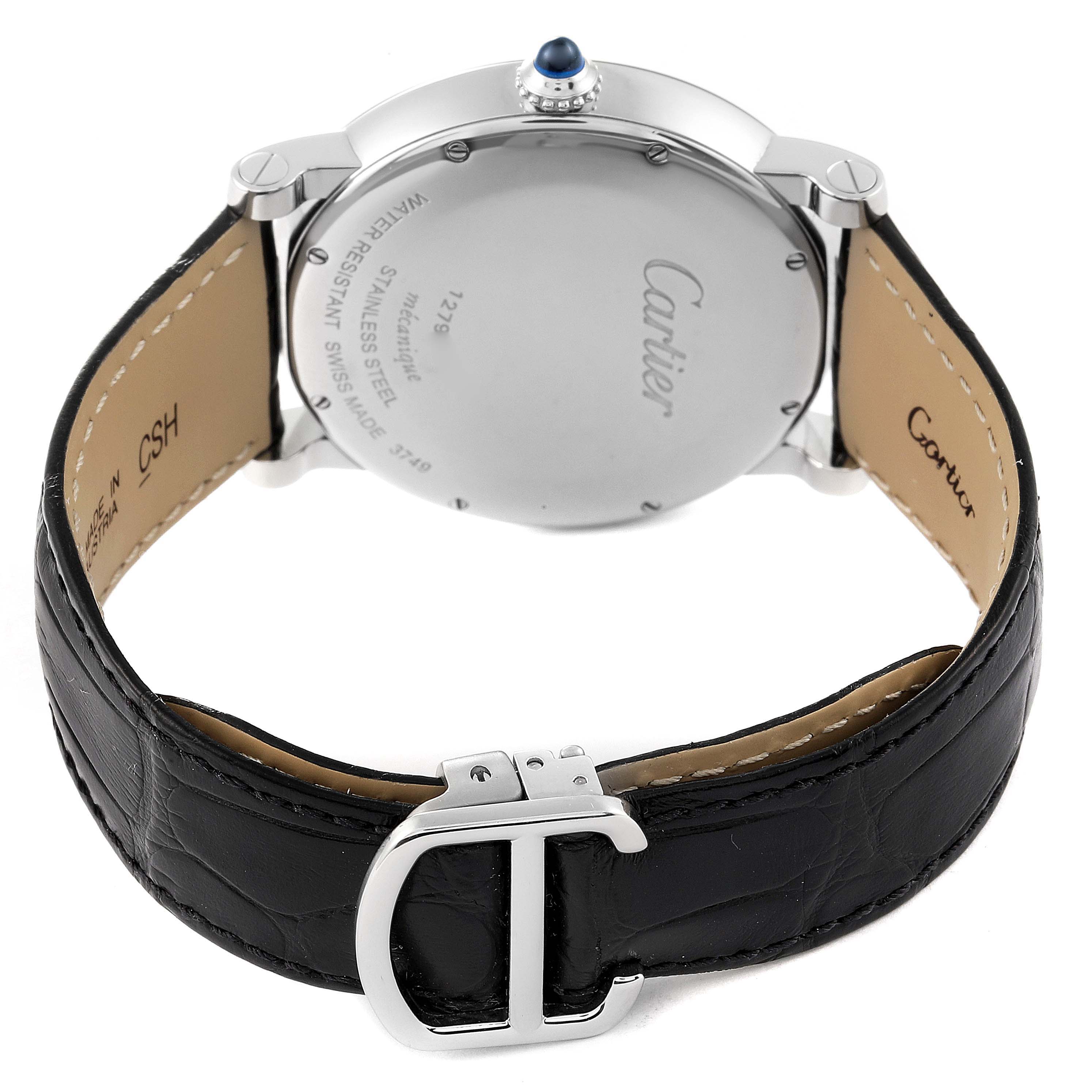The image shows the back and strap of a Cartier Rotonde W1556369 Men's Stainless Steel Silver Dial W1556369 Men's Stainless Steel Silver Dial watch, highlighting the buckle and case back details.