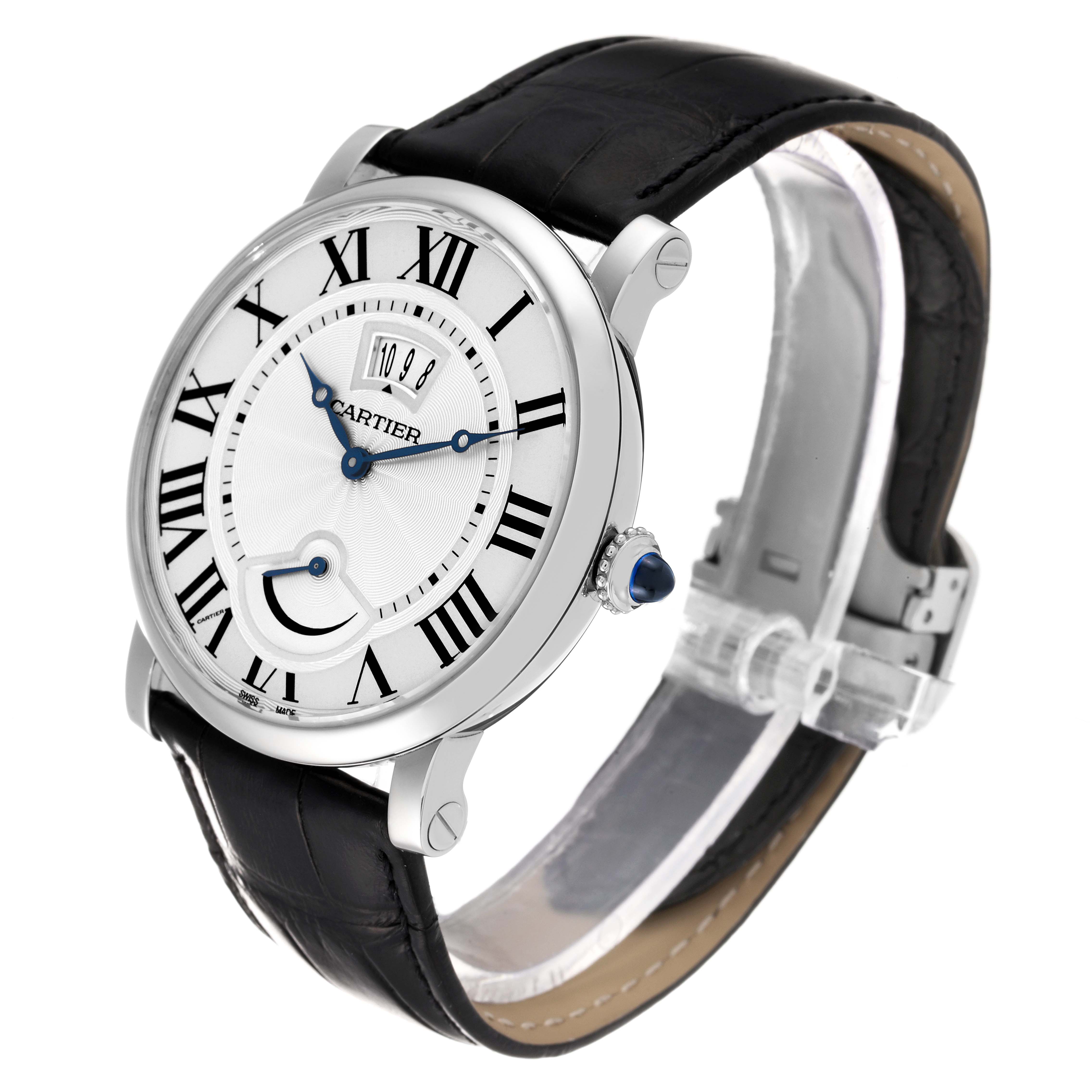The Rotonde model by Cartier is shown at an angled front view, displaying its face, crown, and black leather strap.