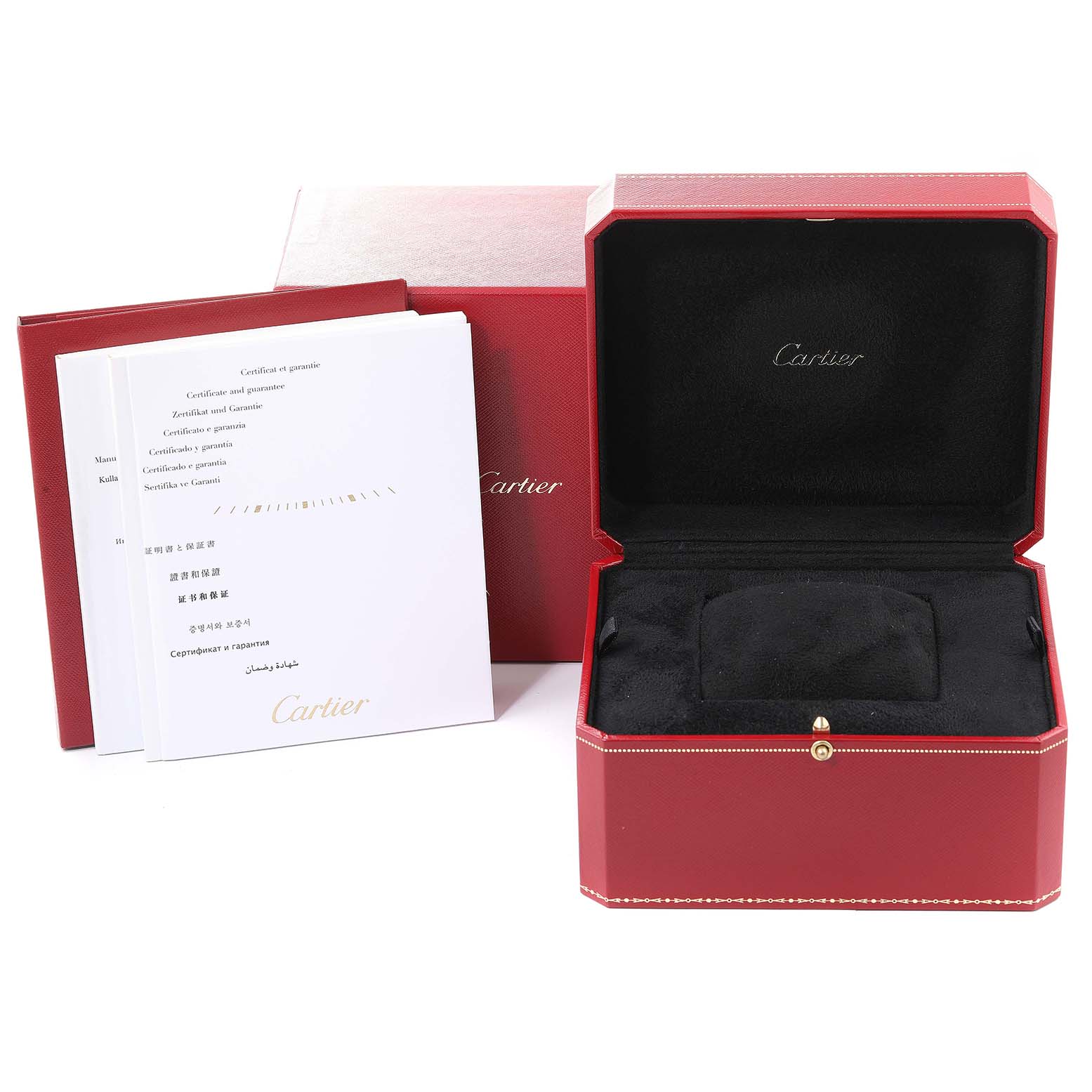 The image shows the open box and warranty papers for a Cartier Rotonde W1556369 Men's Stainless Steel Silver Dial W1556369 Men's Stainless Steel Silver Dial watch from a front angle.