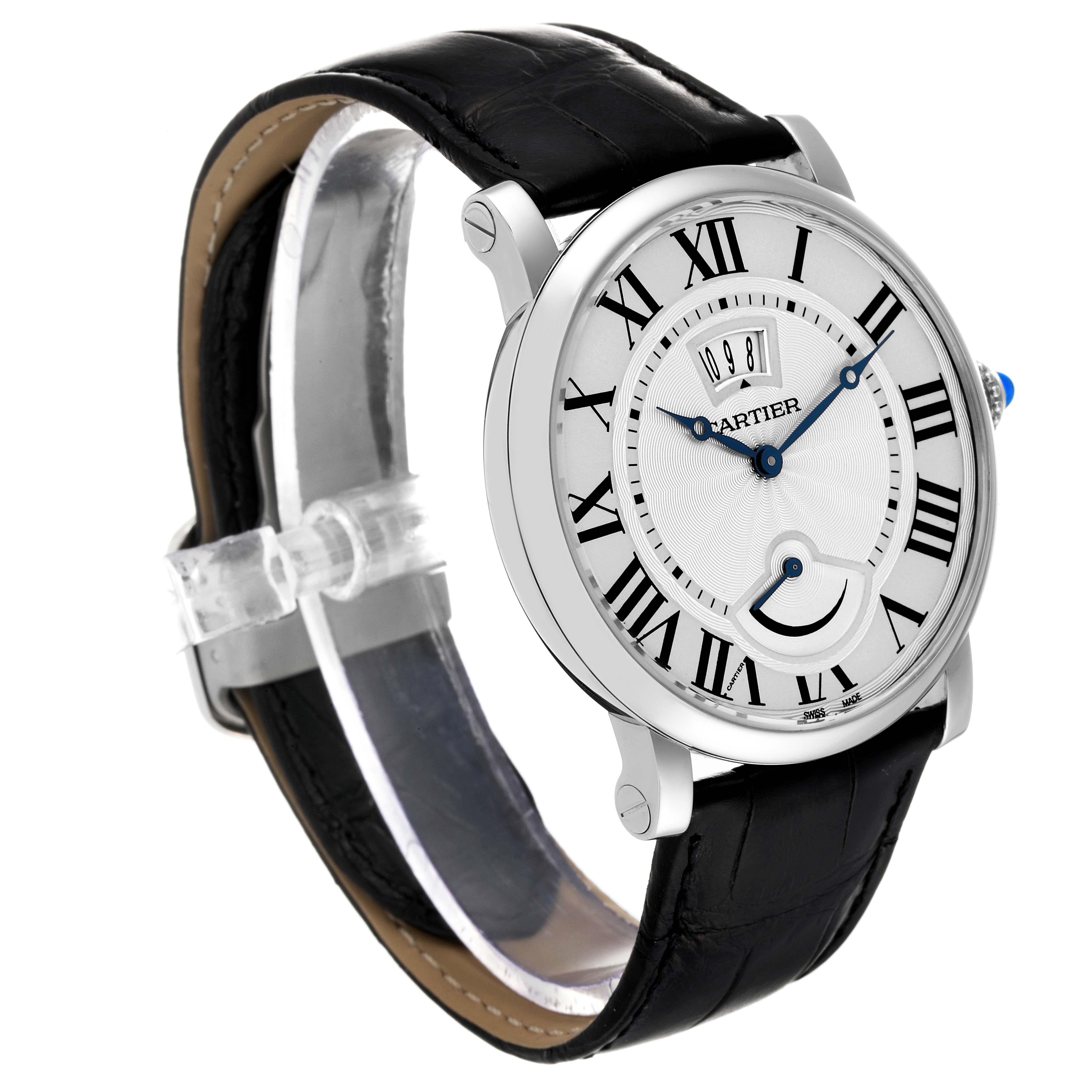 The image shows a side view of the Cartier Rotonde W1556369 Men's Stainless Steel Silver Dial W1556369 Men's Stainless Steel Silver Dial watch, highlighting the watch face, strap, and case.