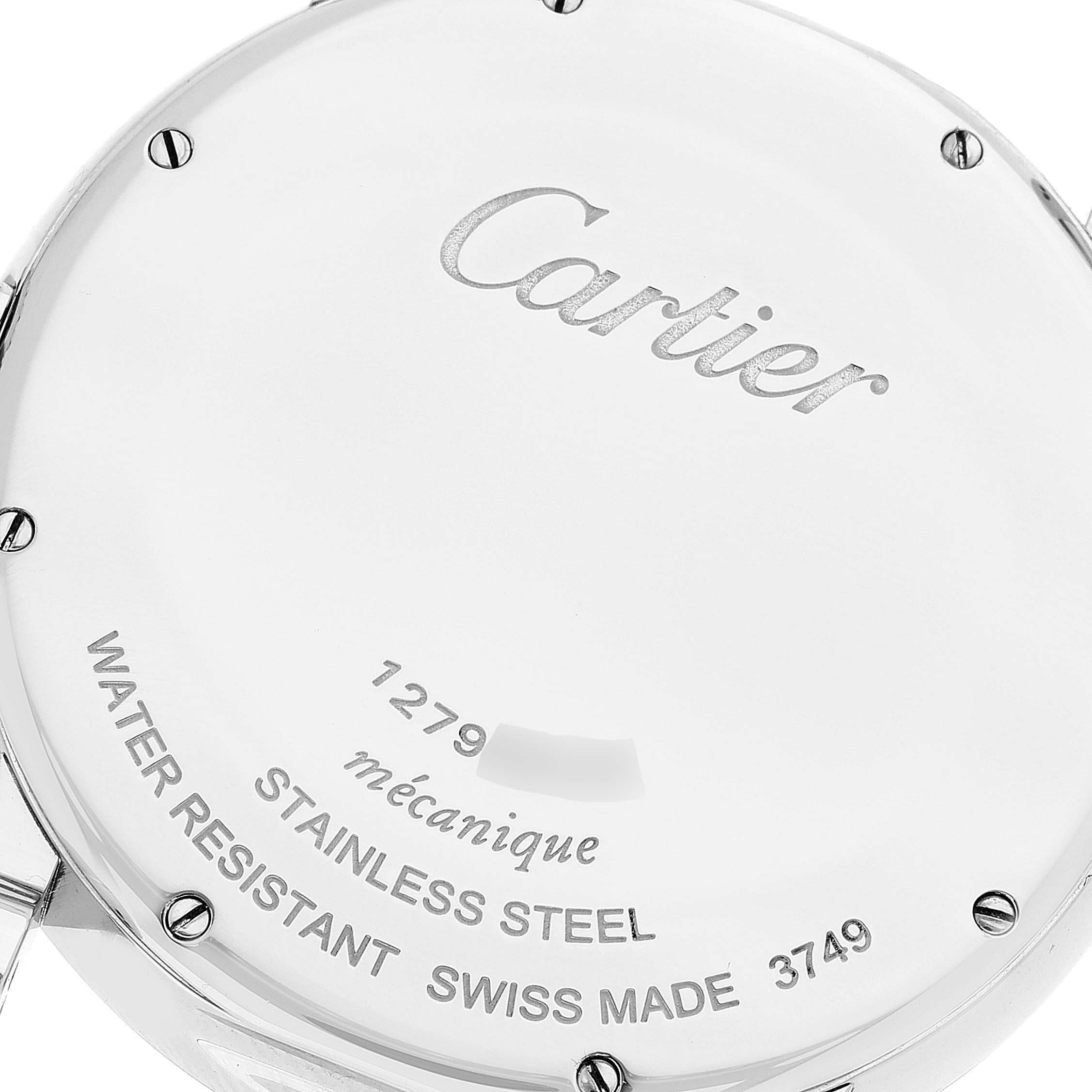 The image shows the back case of a Cartier Rotonde W1556369 Men's Stainless Steel Silver Dial W1556369 Men's Stainless Steel Silver Dial watch, highlighting its stainless steel material and water resistance.