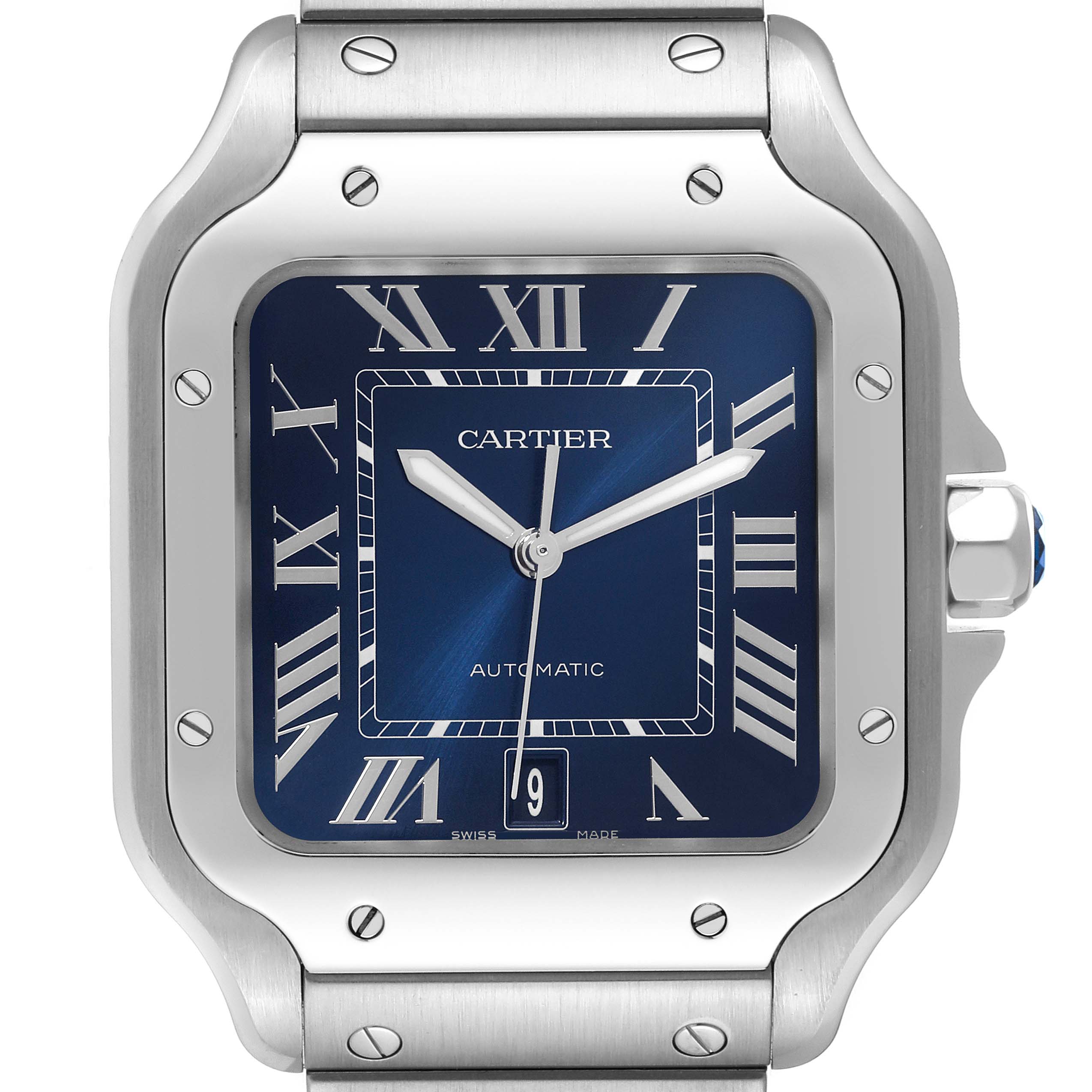 The image shows the front view of a Cartier Santos WSSA0030 Men's Stainless Steel Blue Dial WSSA0030 Men's Stainless Steel Blue Dial watch, highlighting the blue dial, roman numerals, and stainless steel case.