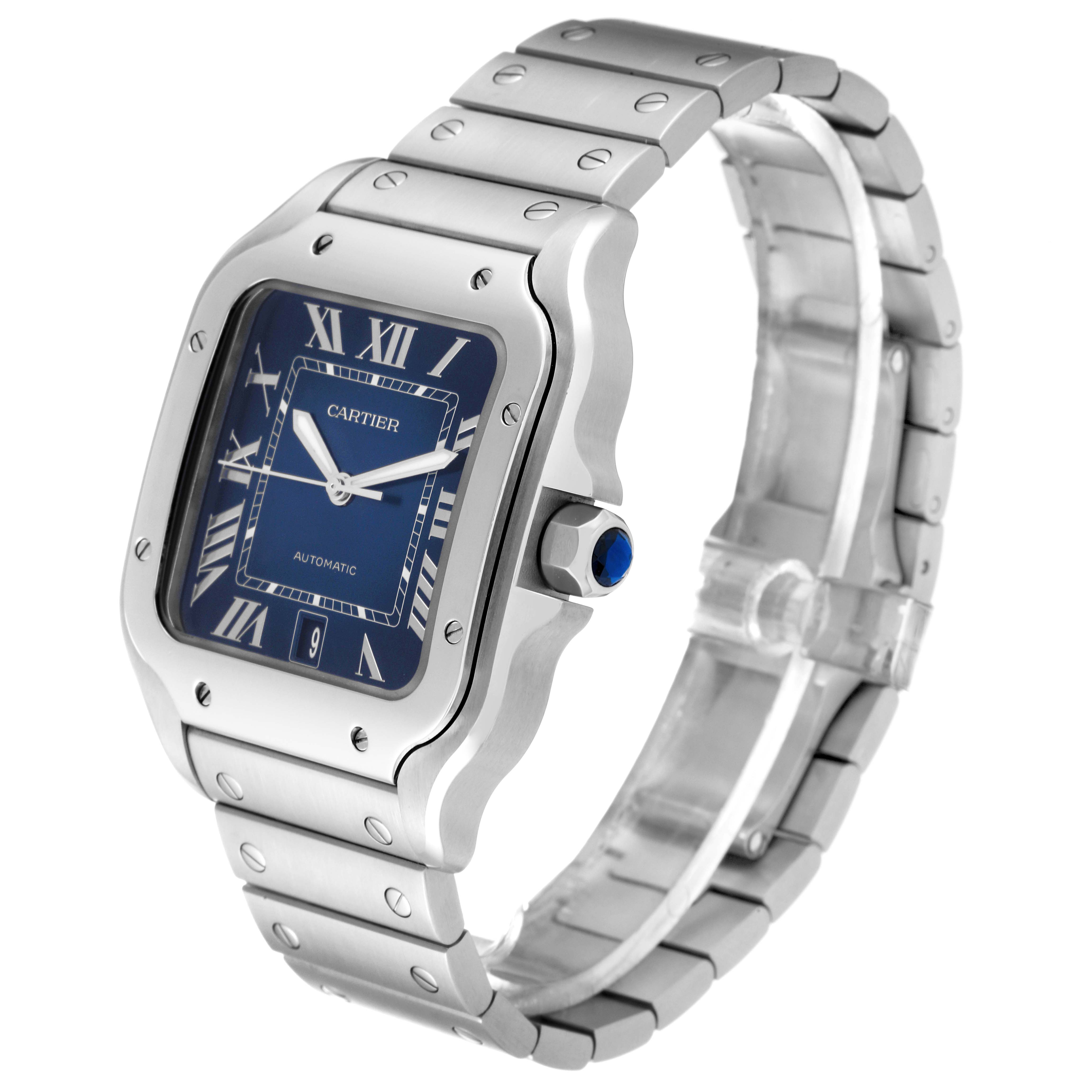 The image shows a Cartier Santos WSSA0030 Men's Stainless Steel Blue Dial WSSA0030 Men's Stainless Steel Blue Dial watch featuring its face, bezel, crown, and bracelet from a slightly tilted side angle.