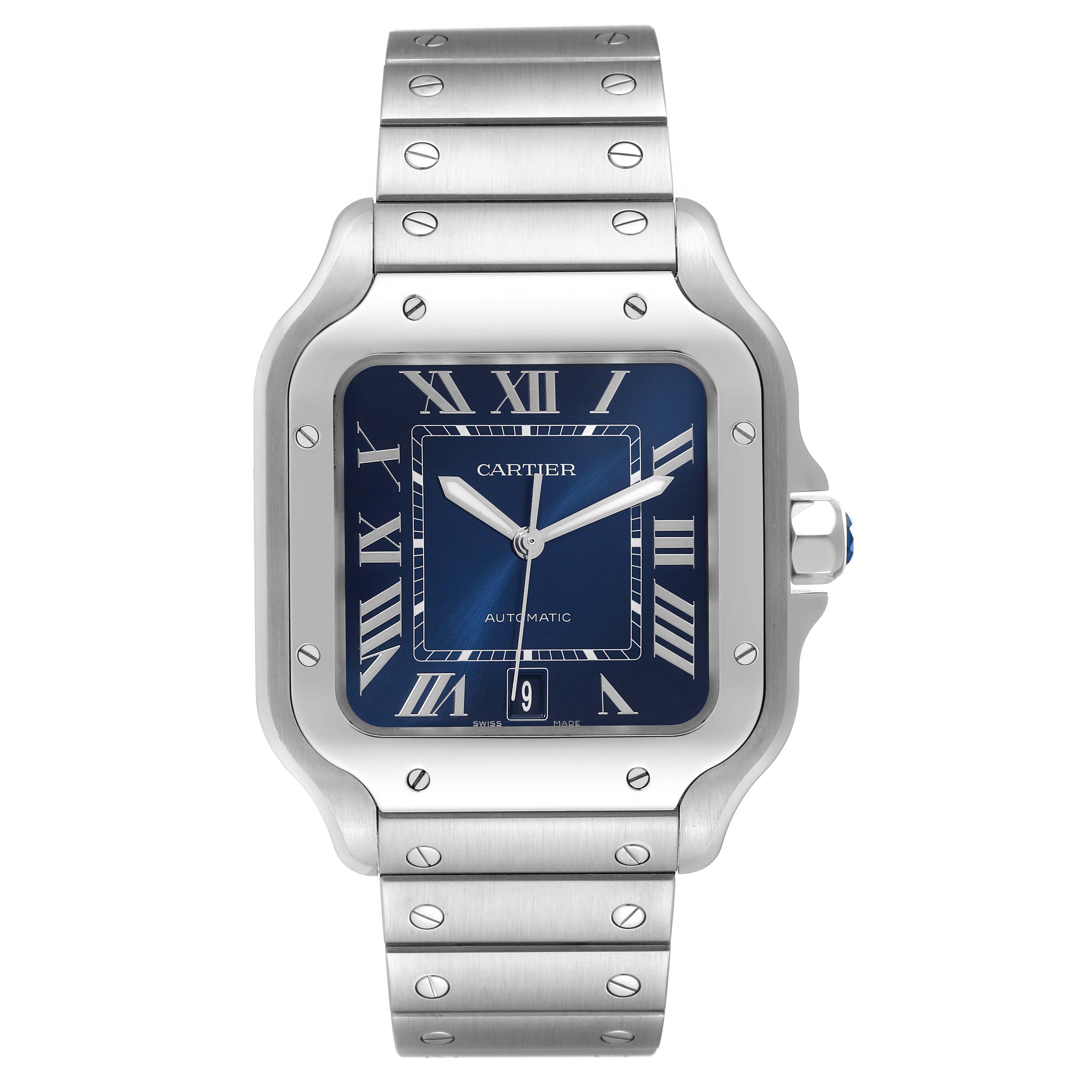 The image shows a front view of the Cartier Santos WSSA0030 Men's Stainless Steel Blue Dial WSSA0030 Men's Stainless Steel Blue Dial watch featuring a blue face, Roman numerals, and a stainless steel bracelet.