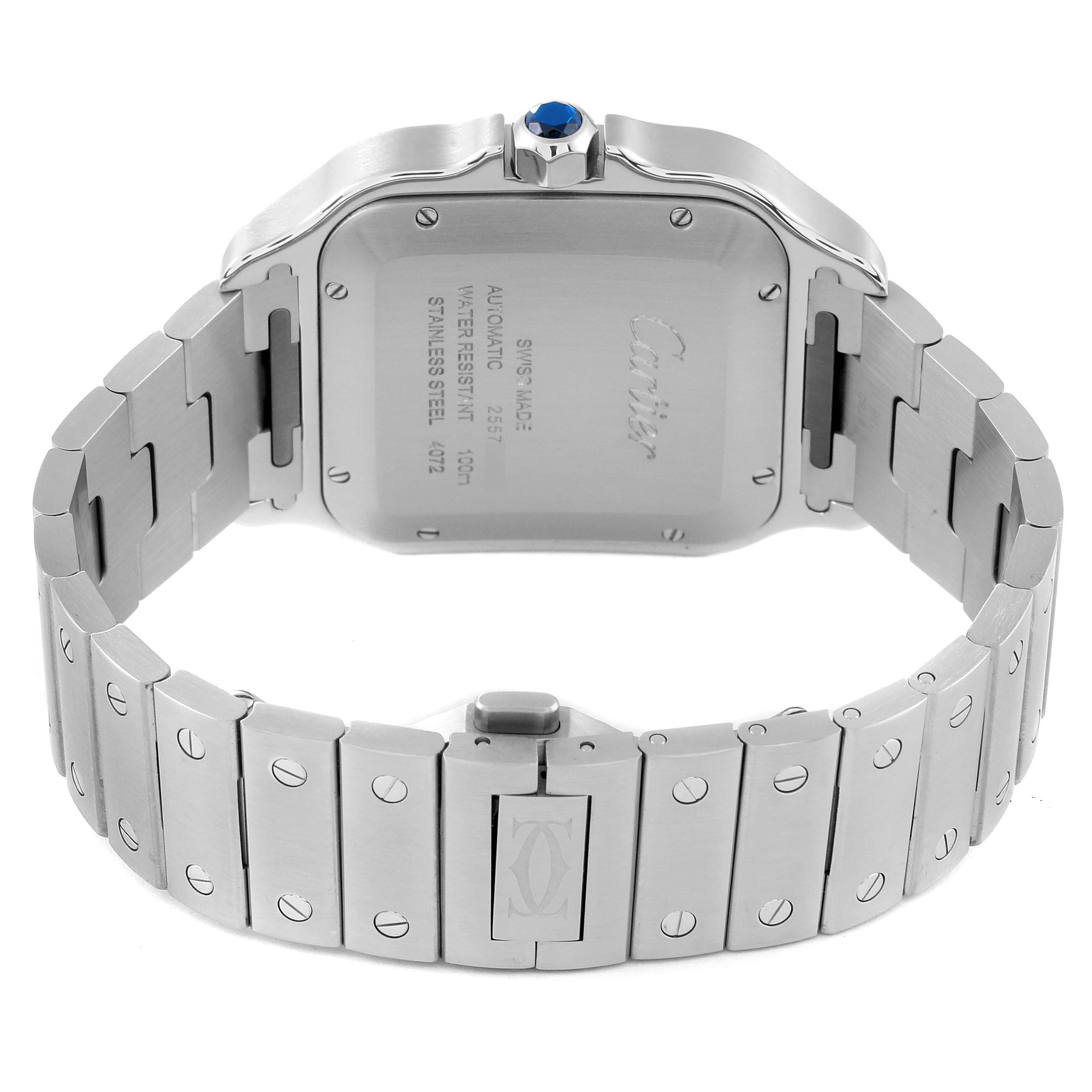 The image shows the back and strap of a Cartier Santos WSSA0030 Men's Stainless Steel Blue Dial WSSA0030 Men's Stainless Steel Blue Dial watch from a rear angle.