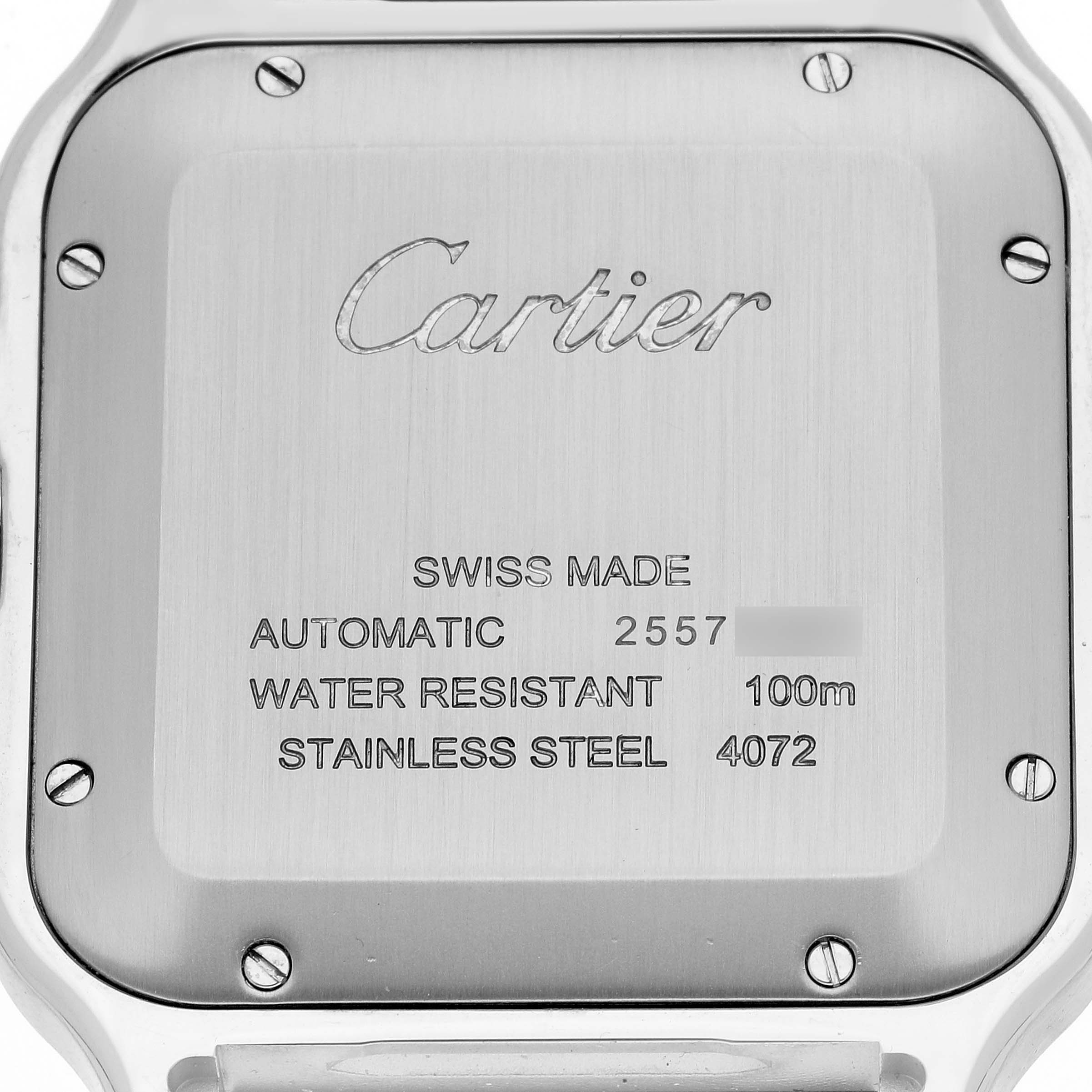 This is a rear view of the casing of the Cartier Santos WSSA0030 Men's Stainless Steel Blue Dial WSSA0030 Men's Stainless Steel Blue Dial watch, showing engravings and screws.