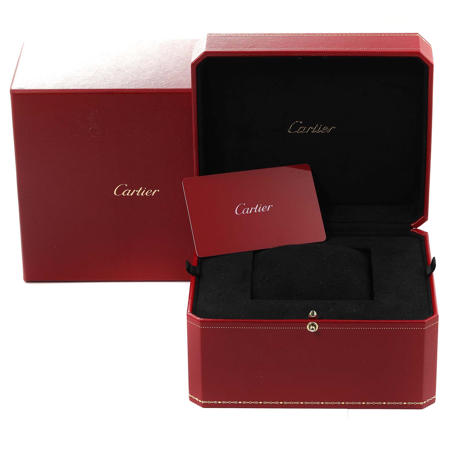 The image shows the packaging and accessories for a Santos model by Cartier, including a red display box and a card.
