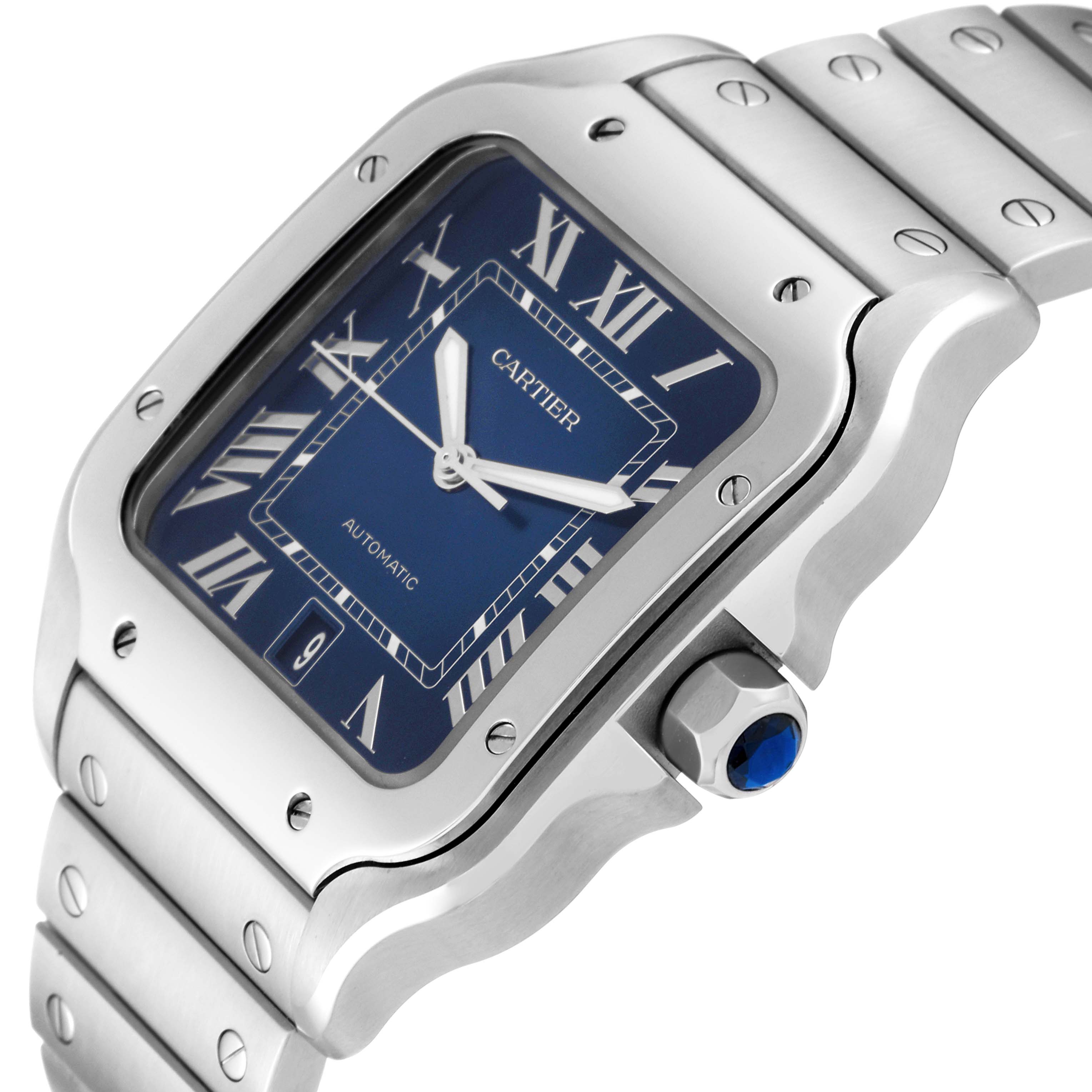 The image shows a Cartier Santos WSSA0030 Men's Stainless Steel Blue Dial WSSA0030 Men's Stainless Steel Blue Dial watch at an angle highlighting its blue dial, crown, and part of its metal bracelet.