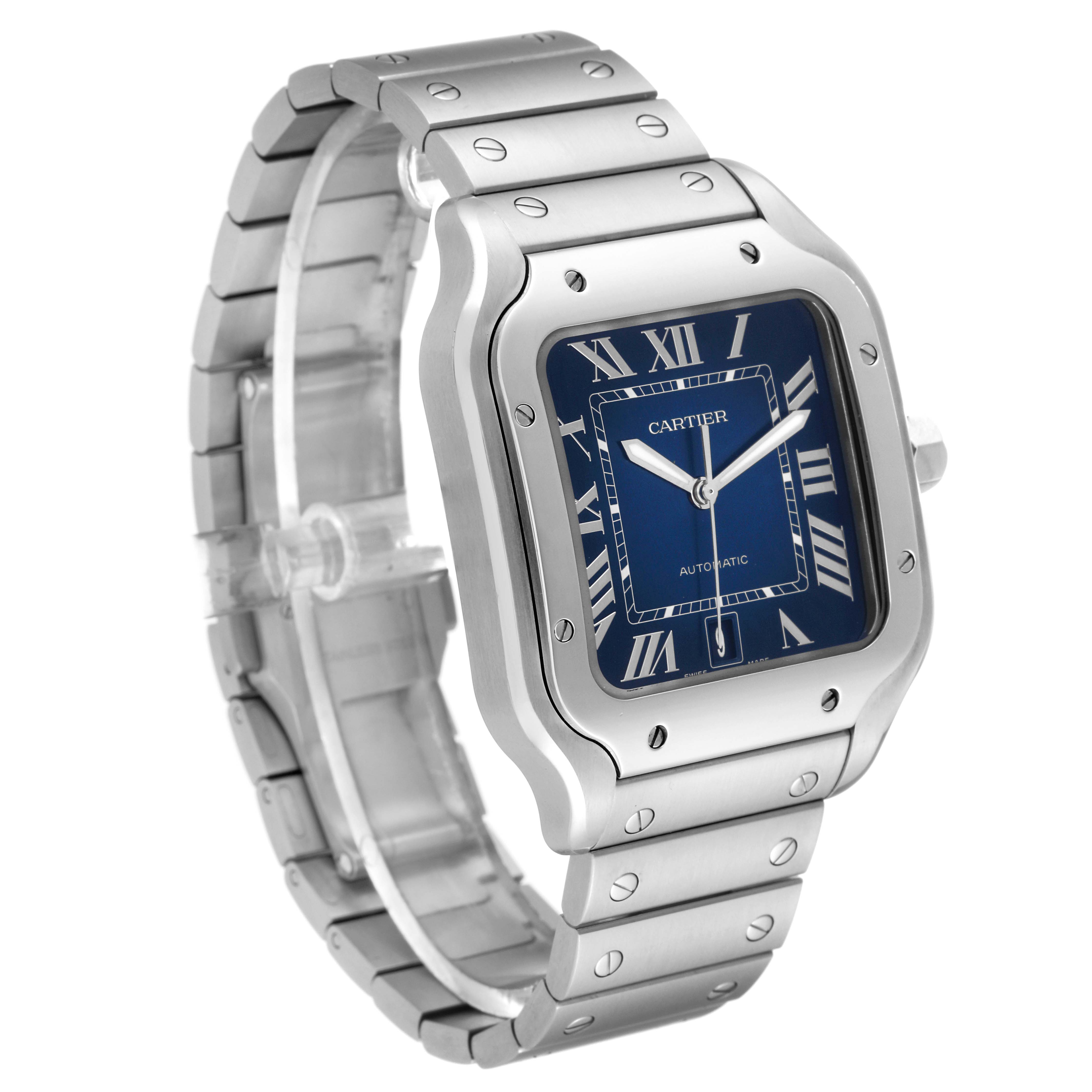 The Cartier Santos WSSA0030 Men's Stainless Steel Blue Dial WSSA0030 Men's Stainless Steel Blue Dial watch is shown at a three-quarter angle, highlighting its square face, blue dial, and stainless steel bracelet.