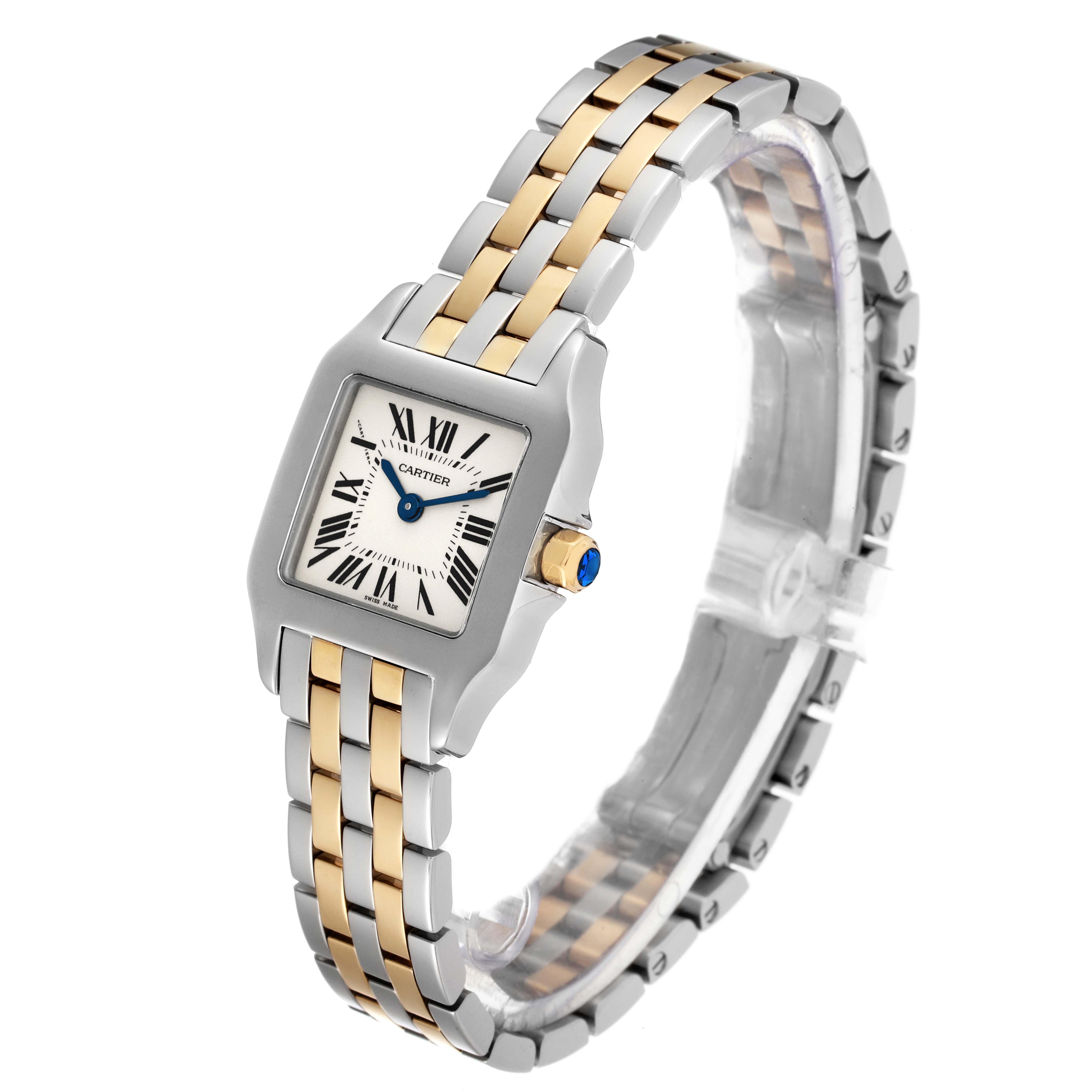 The image shows a Cartier Santos Demoiselle W25066Z6 Women
s Steel and Gold (two tone) Silver Dial W25066Z6 Women
s Steel and Gold (two tone) Silver Dial watch angled to display its face, bezel, crown, and two-tone bracelet.