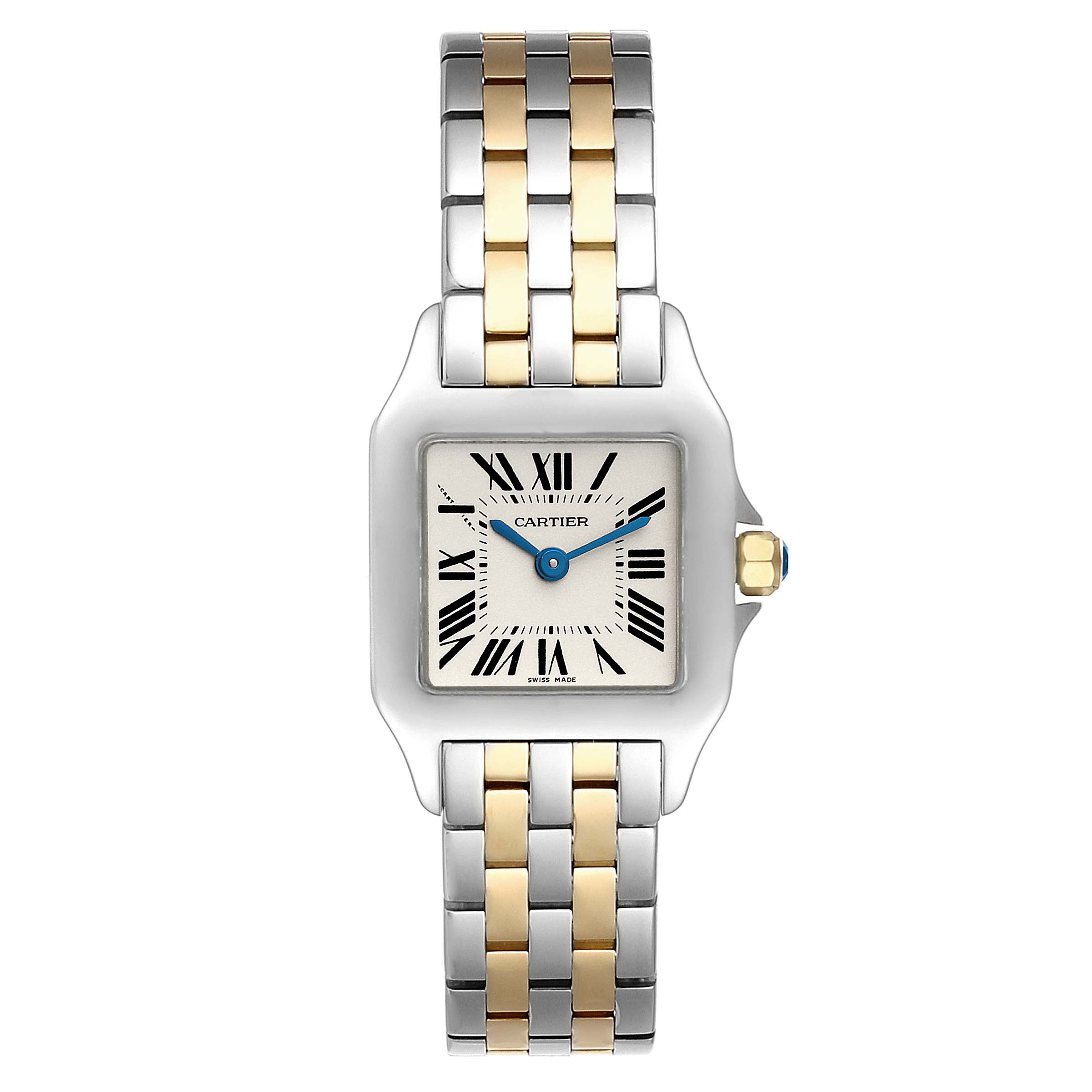 The image shows a front view of the Cartier Santos Demoiselle W25066Z6 Women
s Steel and Gold (two tone) Silver Dial W25066Z6 Women
s Steel and Gold (two tone) Silver Dial watch, highlighting the dial, case, and two-tone metal bracelet.