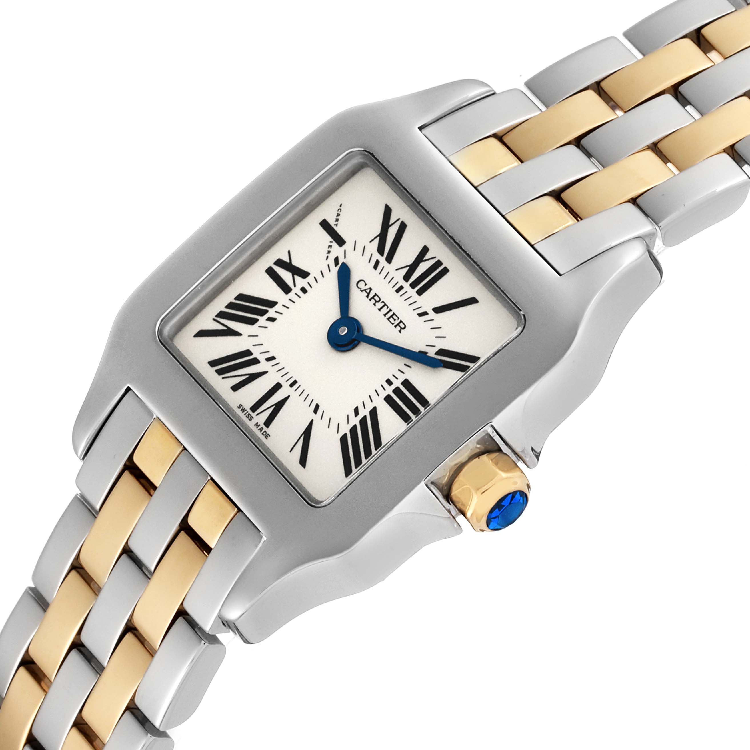 The Cartier Santos Demoiselle W25066Z6 Women
s Steel and Gold (two tone) Silver Dial W25066Z6 Women
s Steel and Gold (two tone) Silver Dial watch is shown at an angled view, highlighting the rectangular face, Roman numerals, and two-tone bracelet.