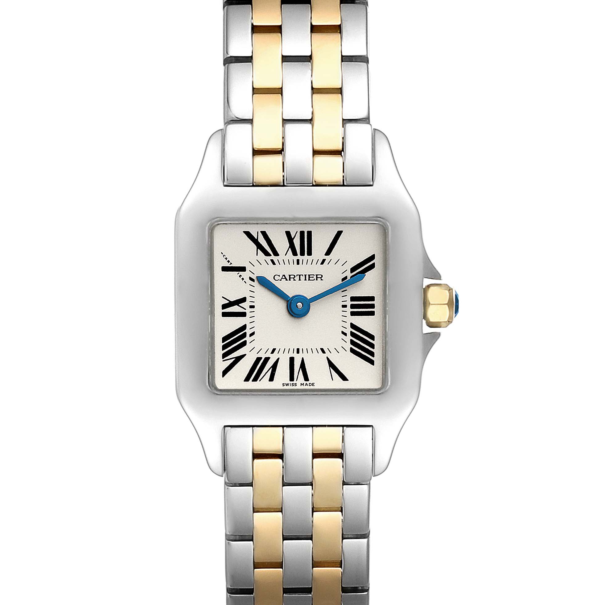 The image shows a top view of the Cartier Santos Demoiselle W25066Z6 Women
s Steel and Gold (two tone) Silver Dial W25066Z6 Women
s Steel and Gold (two tone) Silver Dial watch, highlighting its two-tone strap, square face, and Roman numeral dial.