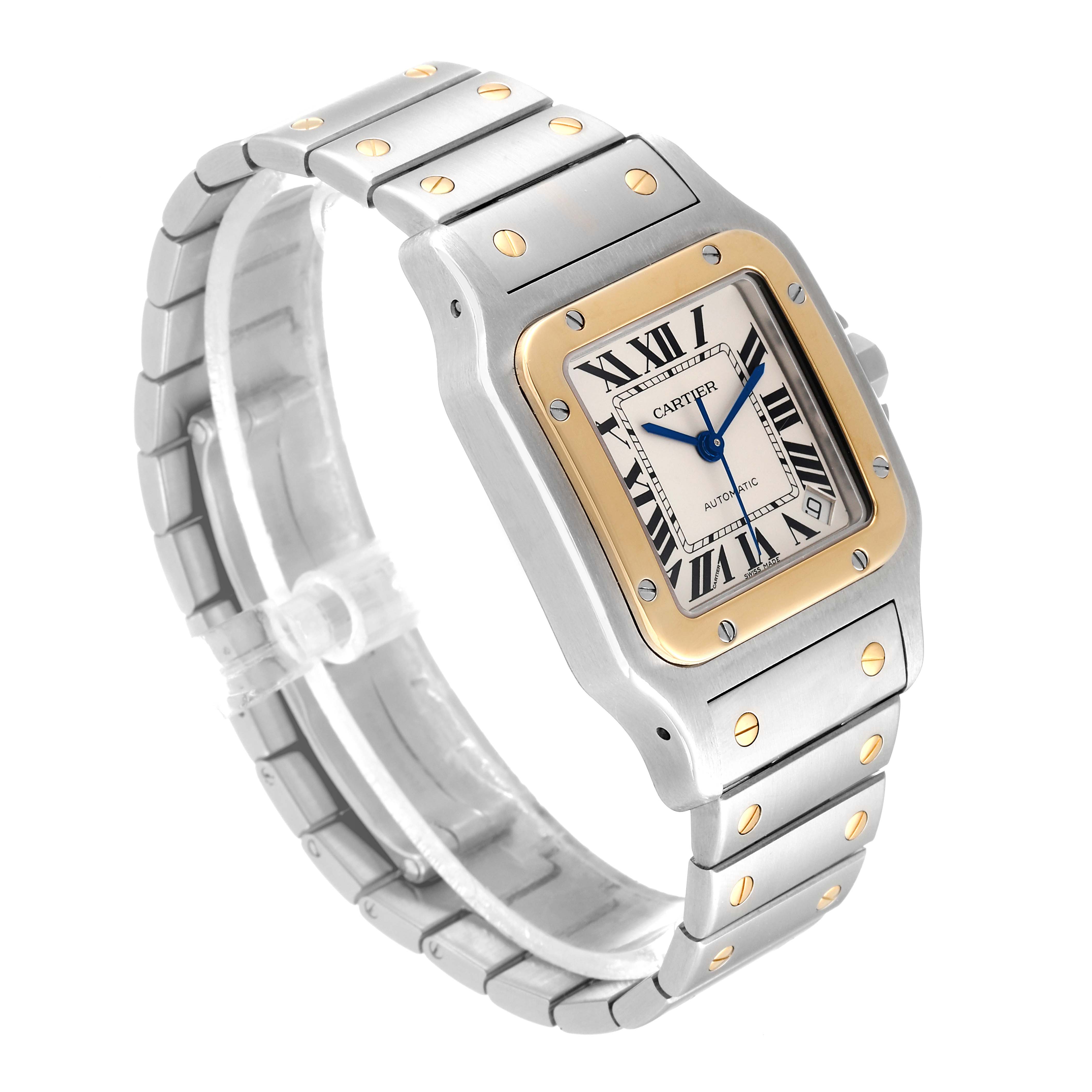 This Cartier Santos W20099C4 Men
s Steel and Gold (two tone) Silver Dial W20099C4 Men
s Steel and Gold (two tone) Silver Dial watch is shown at a slight angle, displaying its face, bezel, and part of the bracelet.