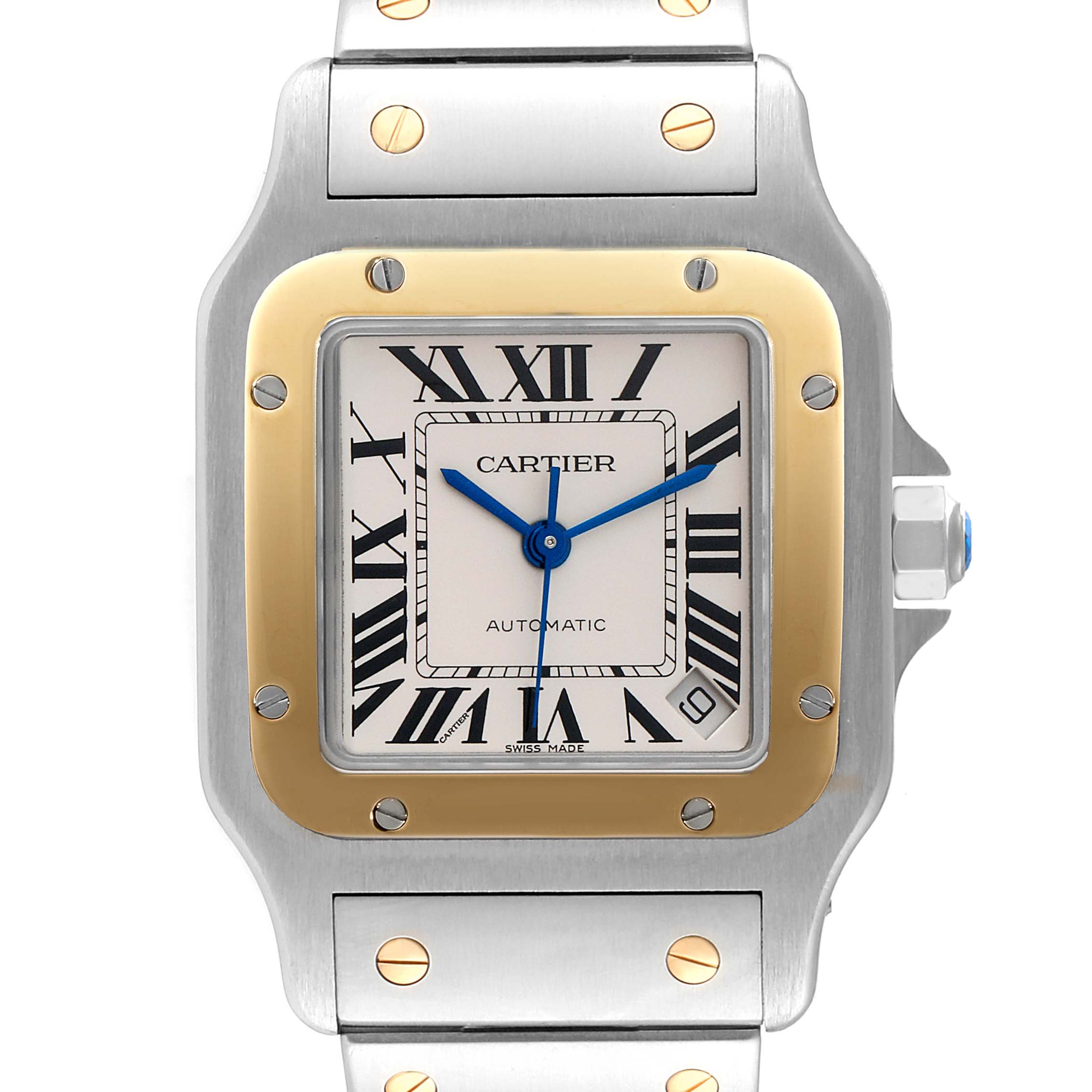 This image shows a close-up of the Cartier Santos W20099C4 Men
s Steel and Gold (two tone) Silver Dial W20099C4 Men
s Steel and Gold (two tone) Silver Dial watch, detailing the face, bezel, and a portion of the bracelet.