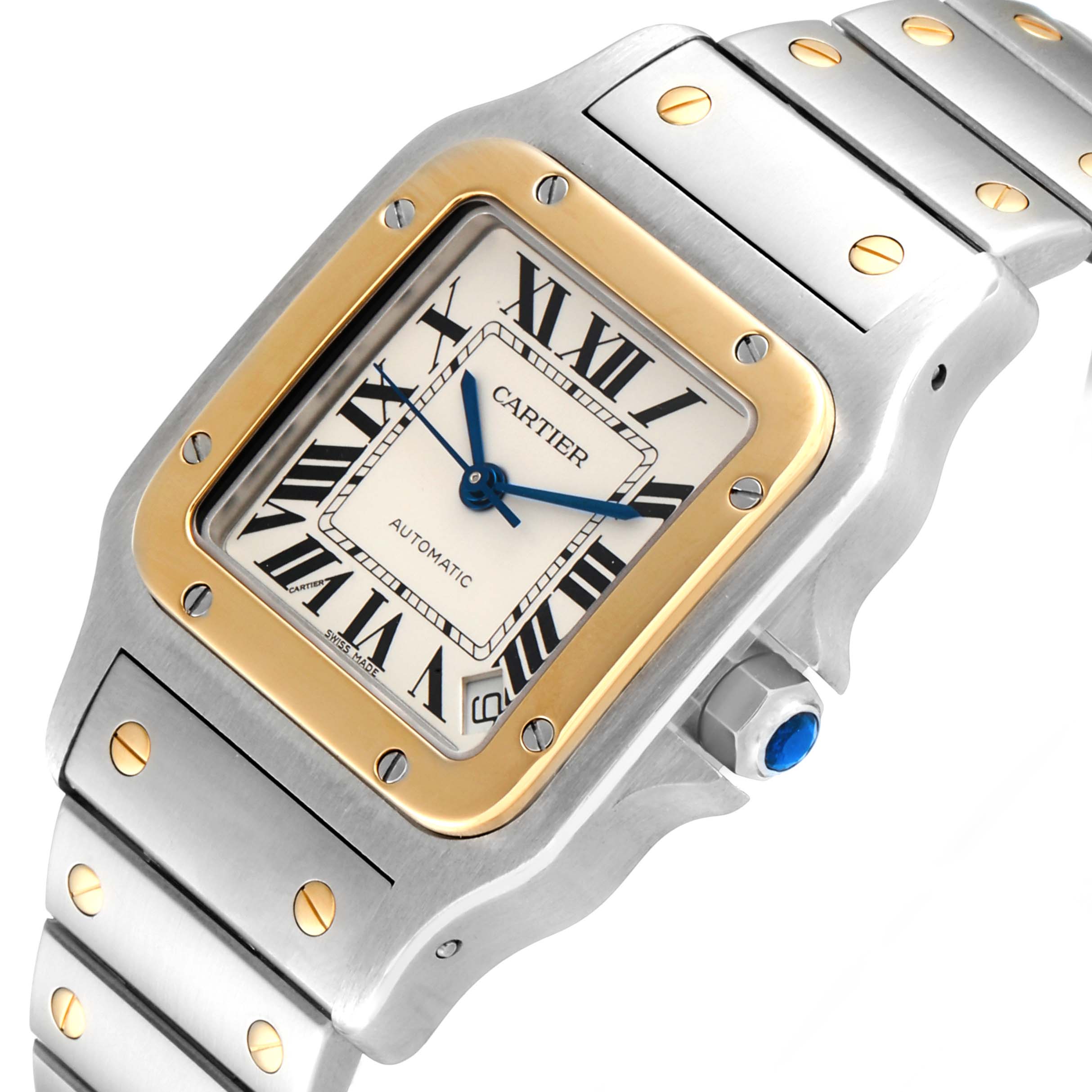 This image shows a close-up angle of the Cartier Santos W20099C4 Men
s Steel and Gold (two tone) Silver Dial W20099C4 Men
s Steel and Gold (two tone) Silver Dial model watch, highlighting its face, bezel, and part of the band.