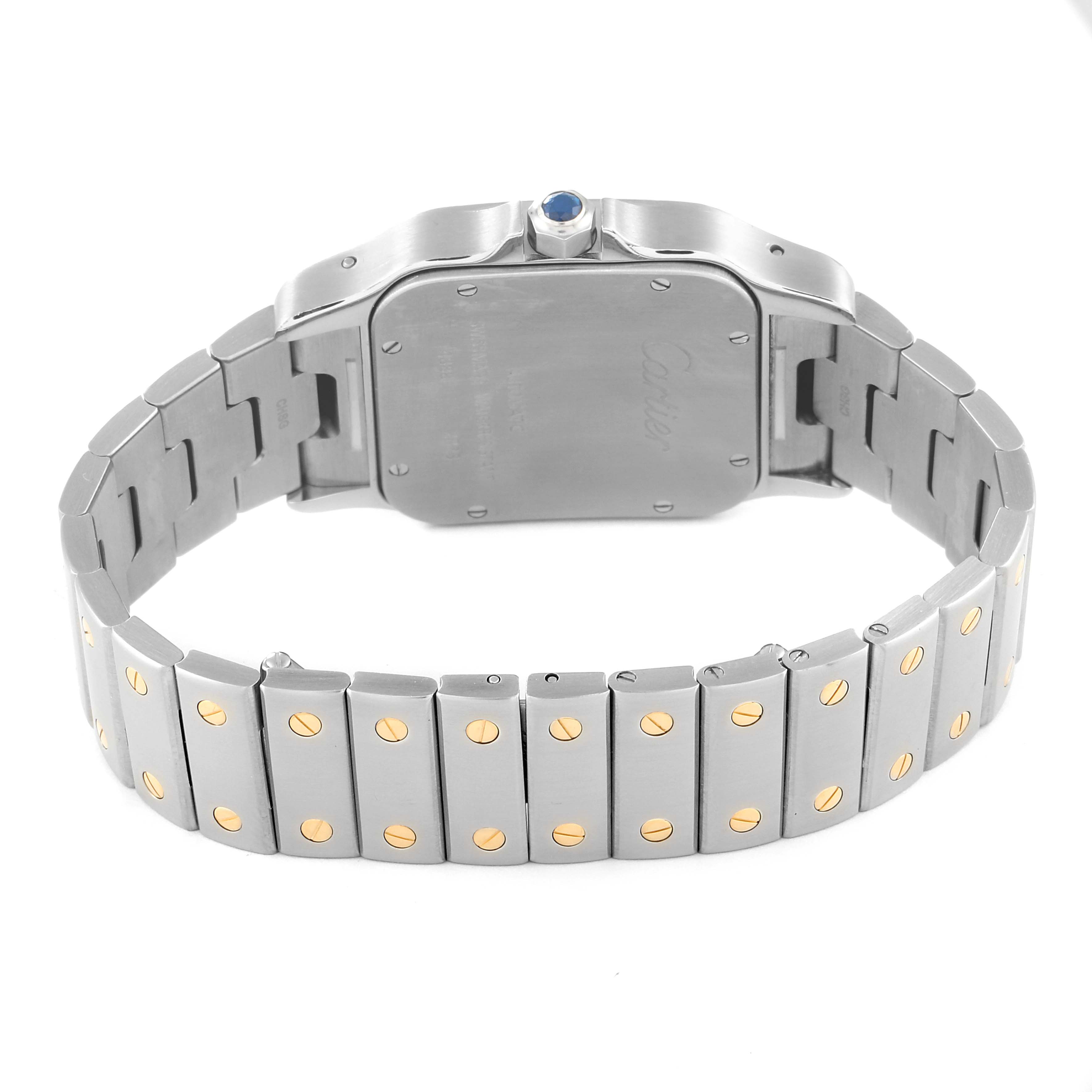The image shows the back view of a Cartier Santos W20099C4 Men
s Steel and Gold (two tone) Silver Dial W20099C4 Men
s Steel and Gold (two tone) Silver Dial watch, highlighting its metal bracelet and case back.