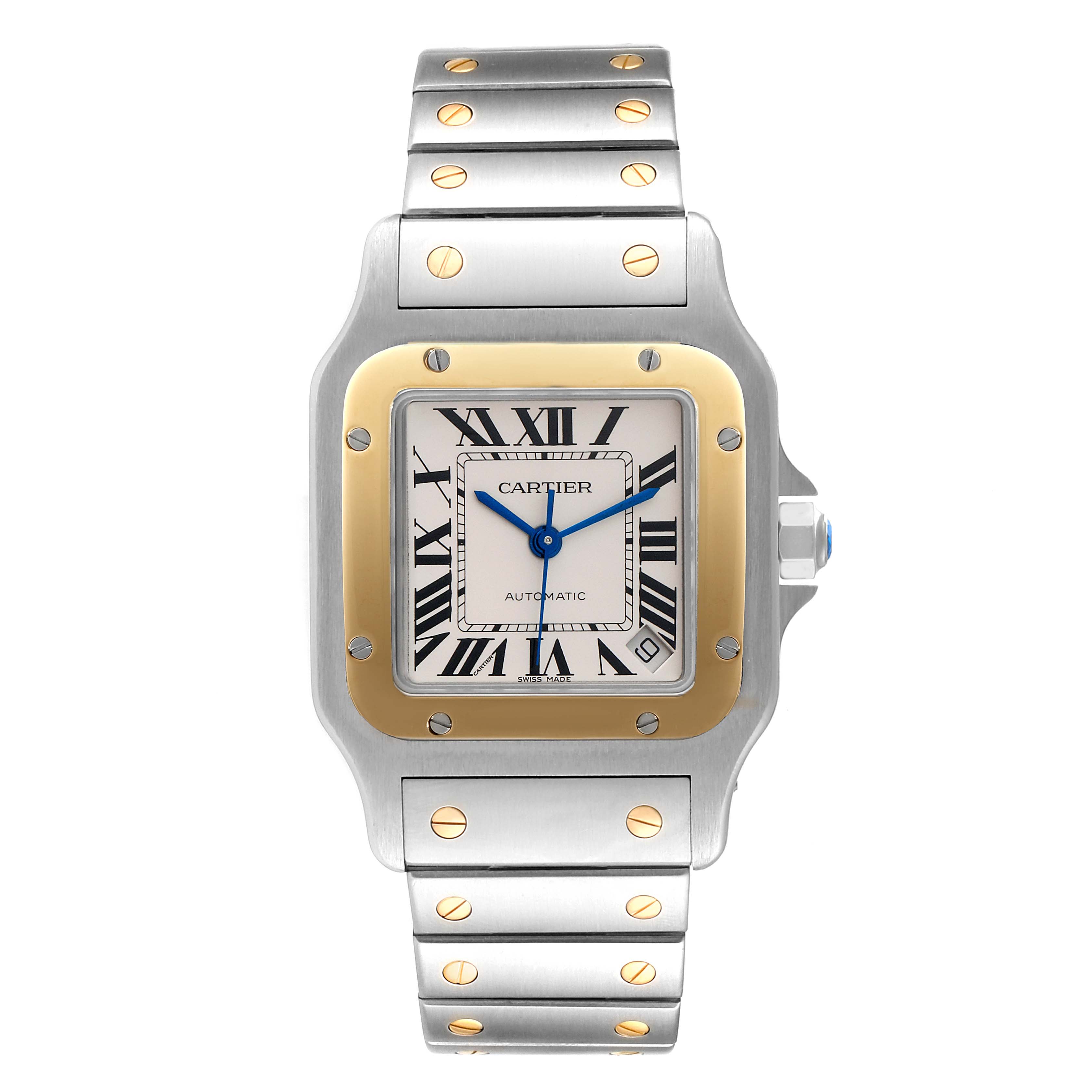 The image shows a frontal view of the Cartier Santos W20099C4 Men
s Steel and Gold (two tone) Silver Dial W20099C4 Men
s Steel and Gold (two tone) Silver Dial watch, highlighting its face, bezel, and bracelet.