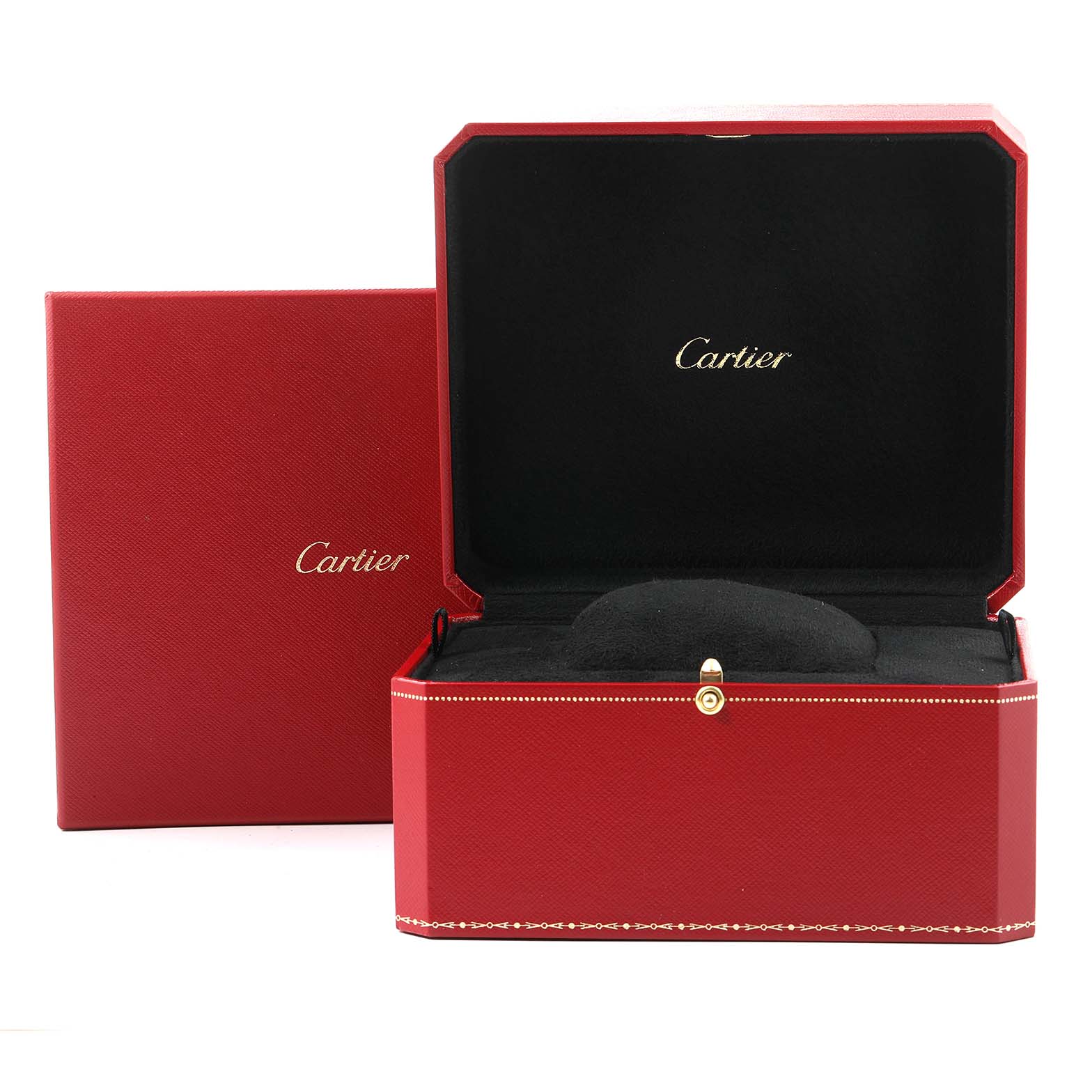 The image shows a Cartier Santos W20099C4 Men
s Steel and Gold (two tone) Silver Dial W20099C4 Men
s Steel and Gold (two tone) Silver Dial watch box open at an angle, revealing the interior and branding.